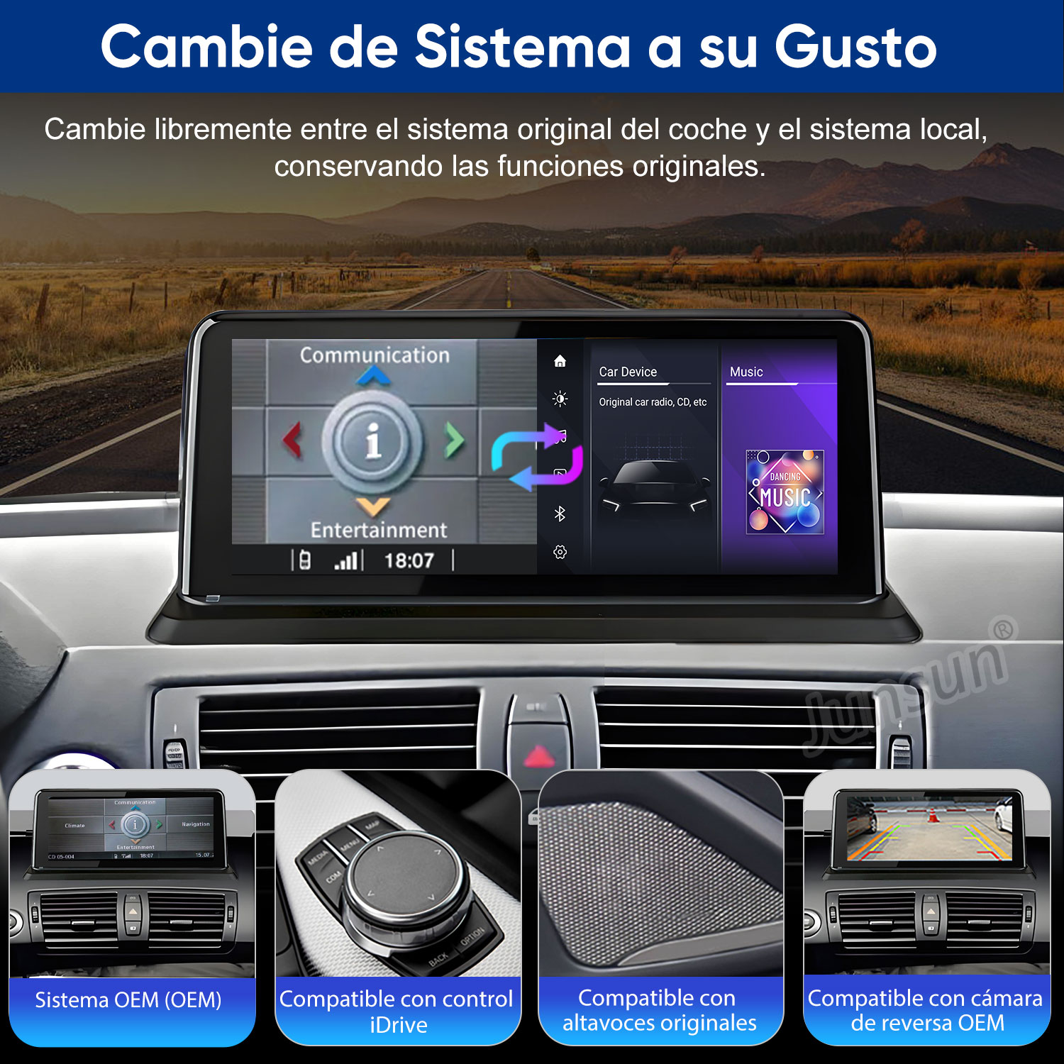 Panel del coche que muestra una pantalla con opciones de comunicación y entretenimiento. También muestra opciones para el dispositivo del coche y música. Fondo de carretera.