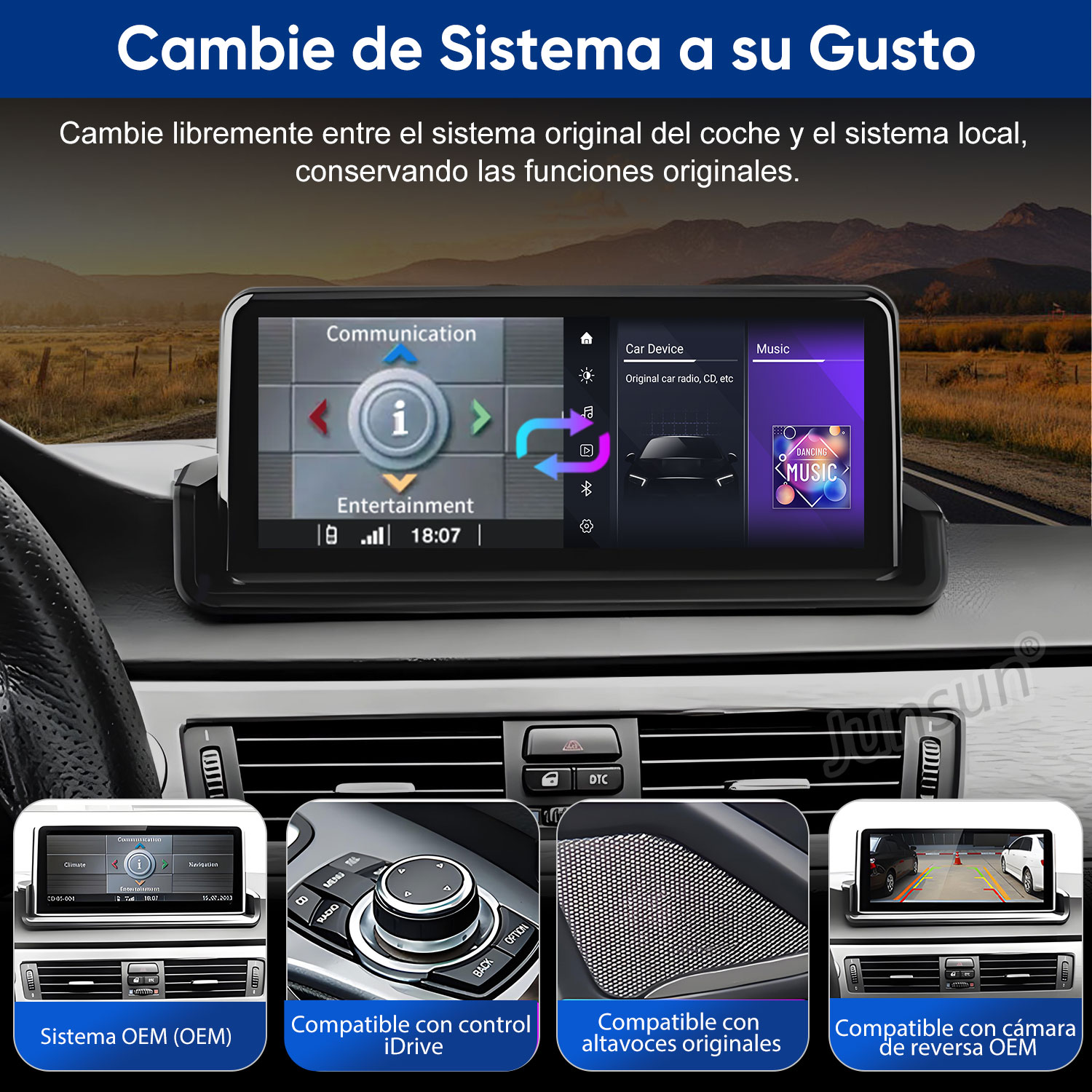 Panel del automóvil que muestra la interfaz con opciones como comunicación, música y dispositivo del automóvil. Contiene sistema OEM y control iDrive.