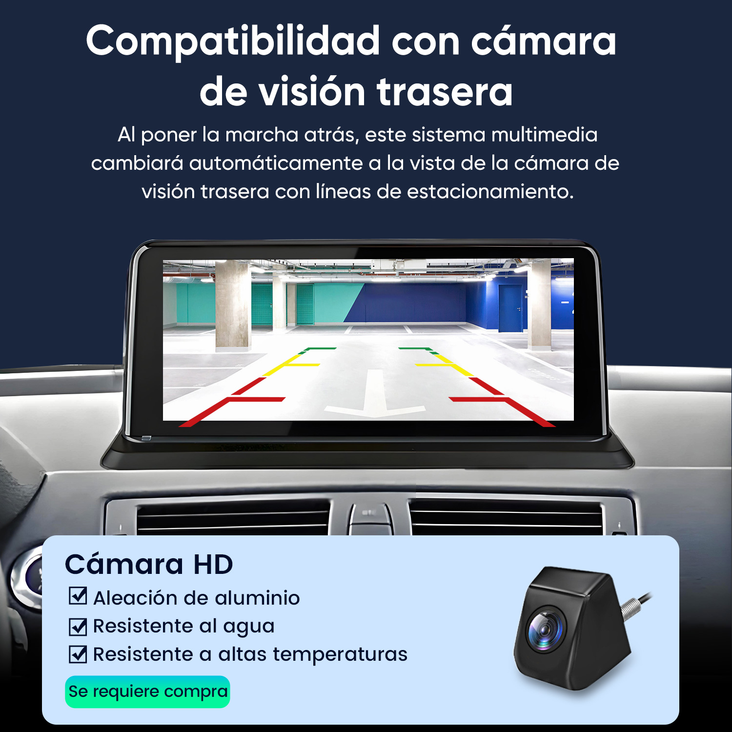 El tablero de un auto muestra una pantalla con una vista de garaje de estacionamiento con líneas de colores. Se muestra una cámara con viñetas.