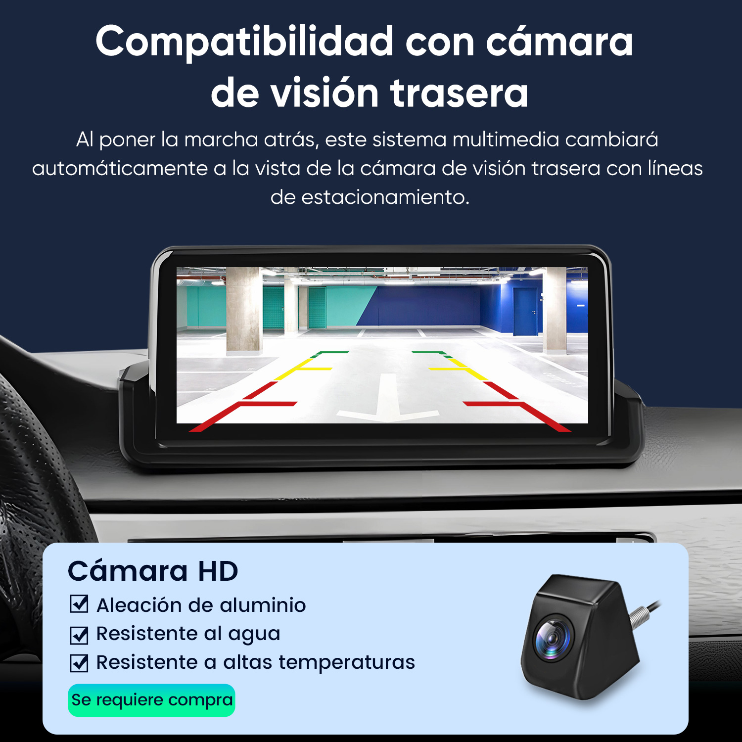 Pantalla de cámara de visión trasera del coche. Muestra líneas de estacionamiento y un garaje. Características: aleación de aluminio, resistencia al agua y altas temperaturas.