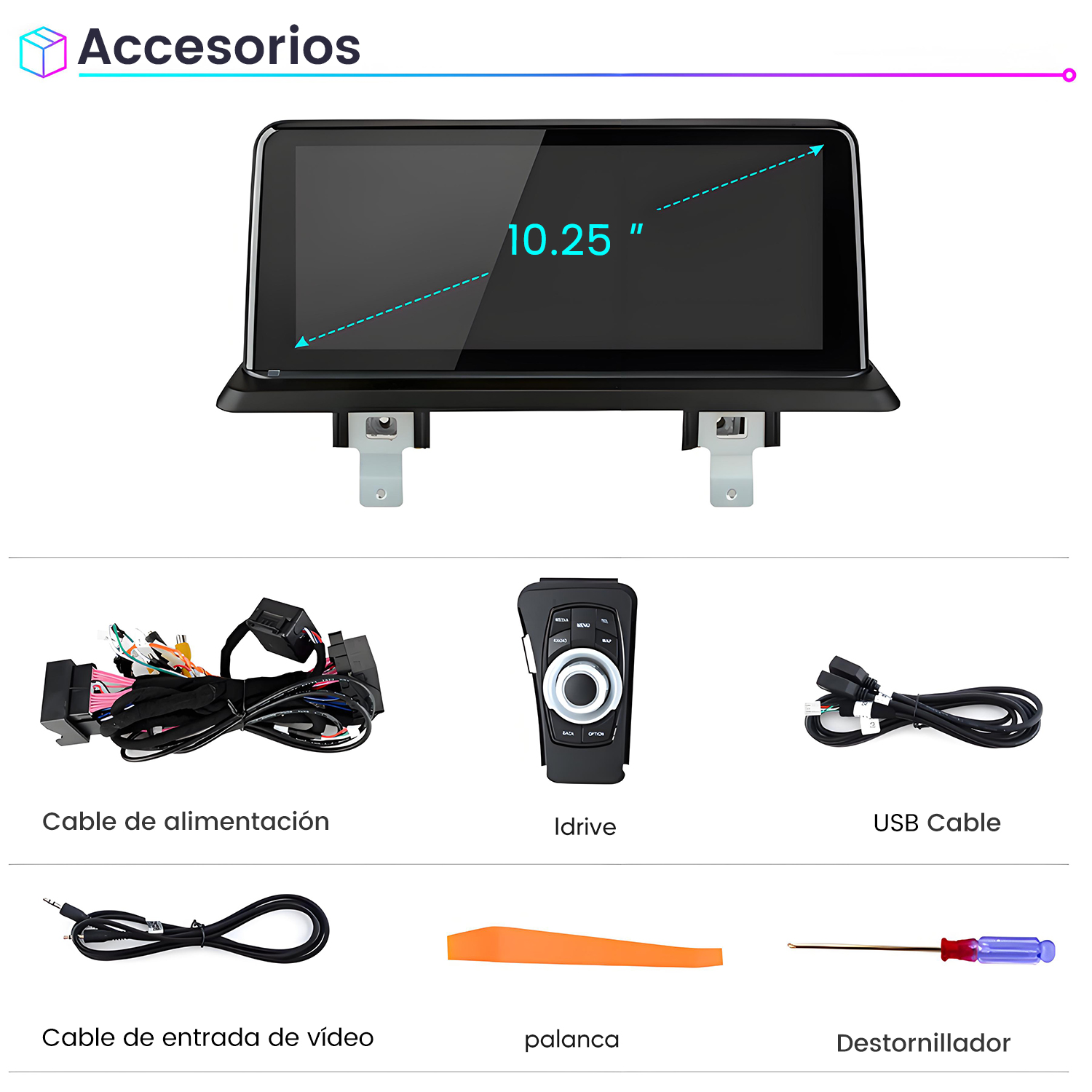 Accesorios para automóviles: se muestran una pantalla, cables, un iDrive, un cable USB, un cable de video, una palanca de plástico y un destornillador.