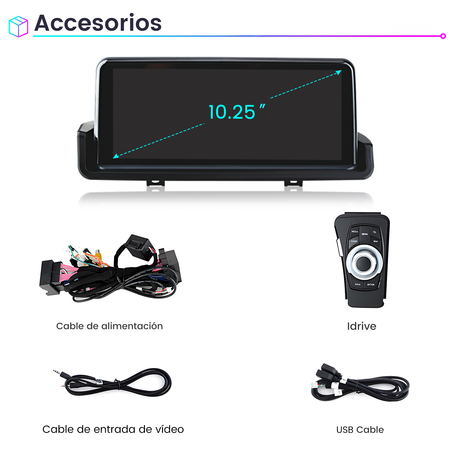 La imagen muestra accesorios para automóviles: una pantalla de 10,25", cable de alimentación, control iDrive, cable de entrada de video y cable USB.