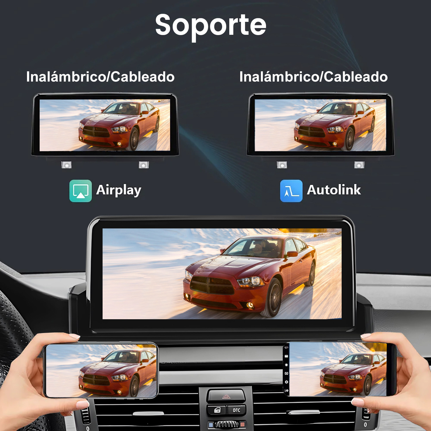 La imagen muestra un salpicadero de coche con varias pantallas que muestran un coche rojo en una carretera nevada. Se ven los iconos de Airplay y Autolink.