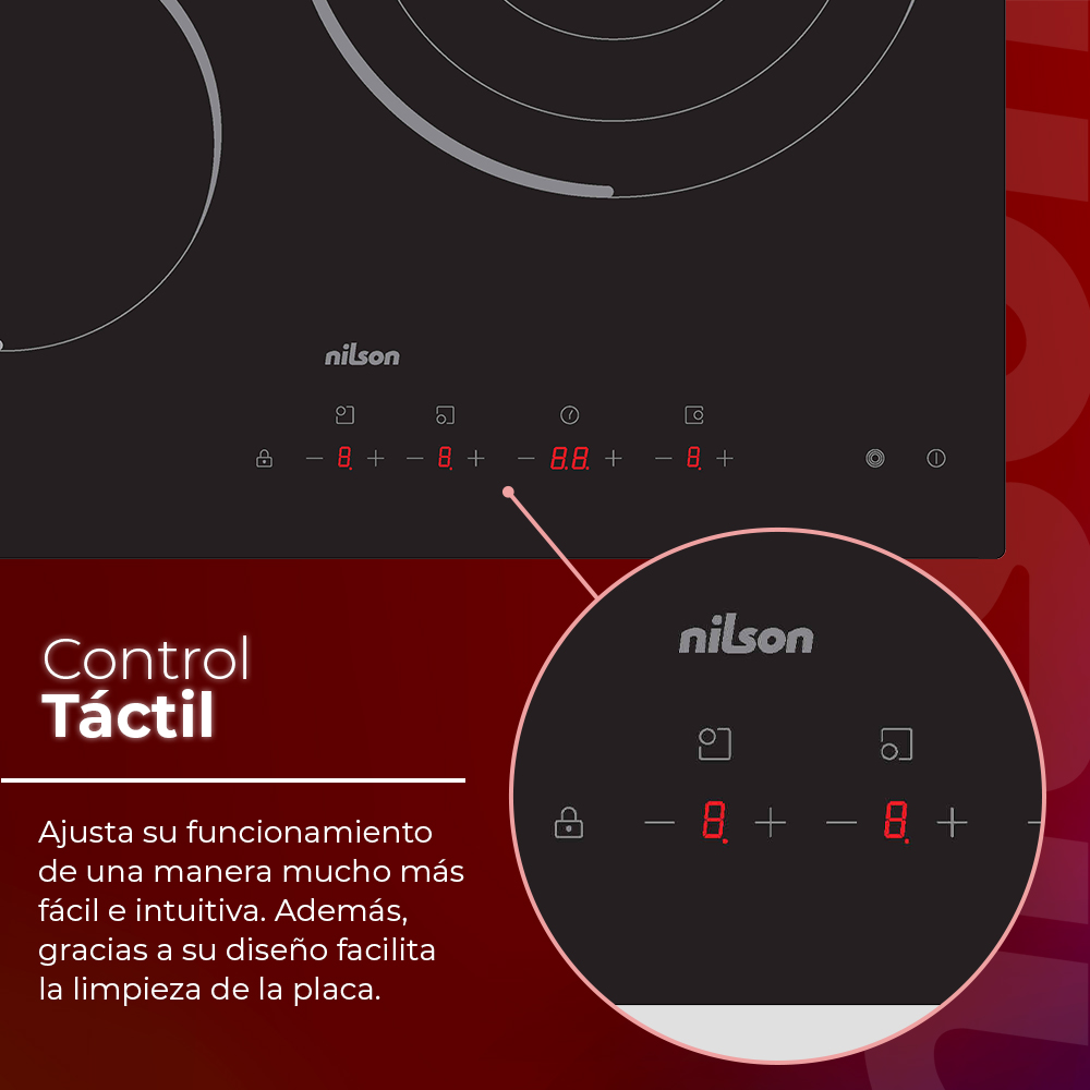 Placa de inducción negra con controles táctiles. Muestra niveles de potencia y configuraciones. Texto en español, 'Control Táctil'.