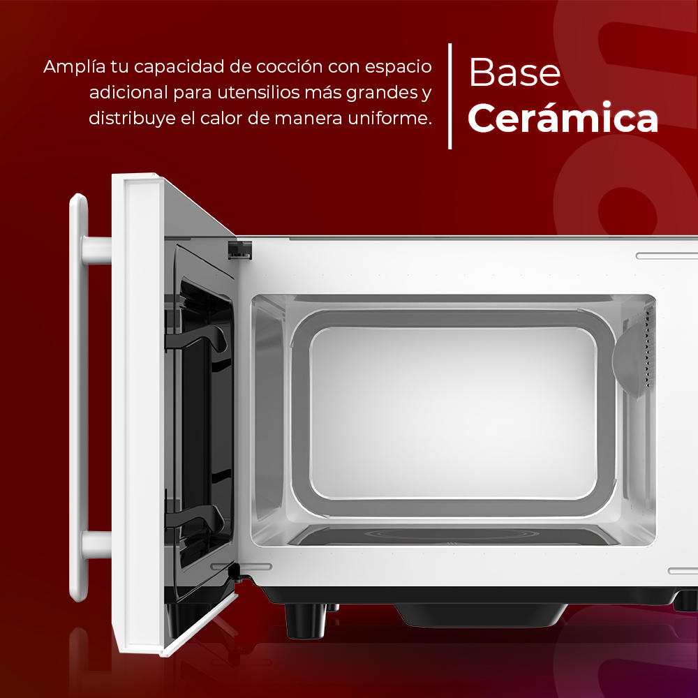 Un microondas blanco con la puerta abierta, mostrando el interior. El texto dice 'Base Cerámica'.
