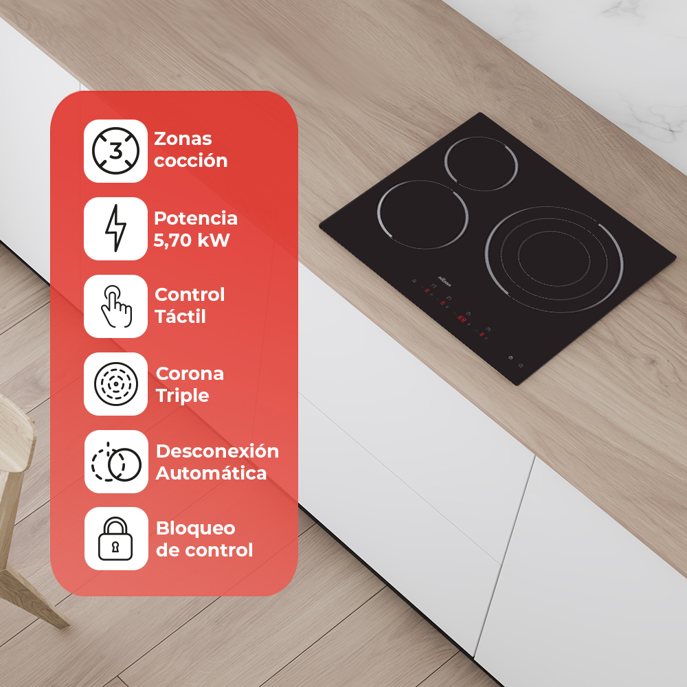 Una placa de inducción negra con tres quemadores sobre una superficie de madera. Un panel rojo enumera las características en español.