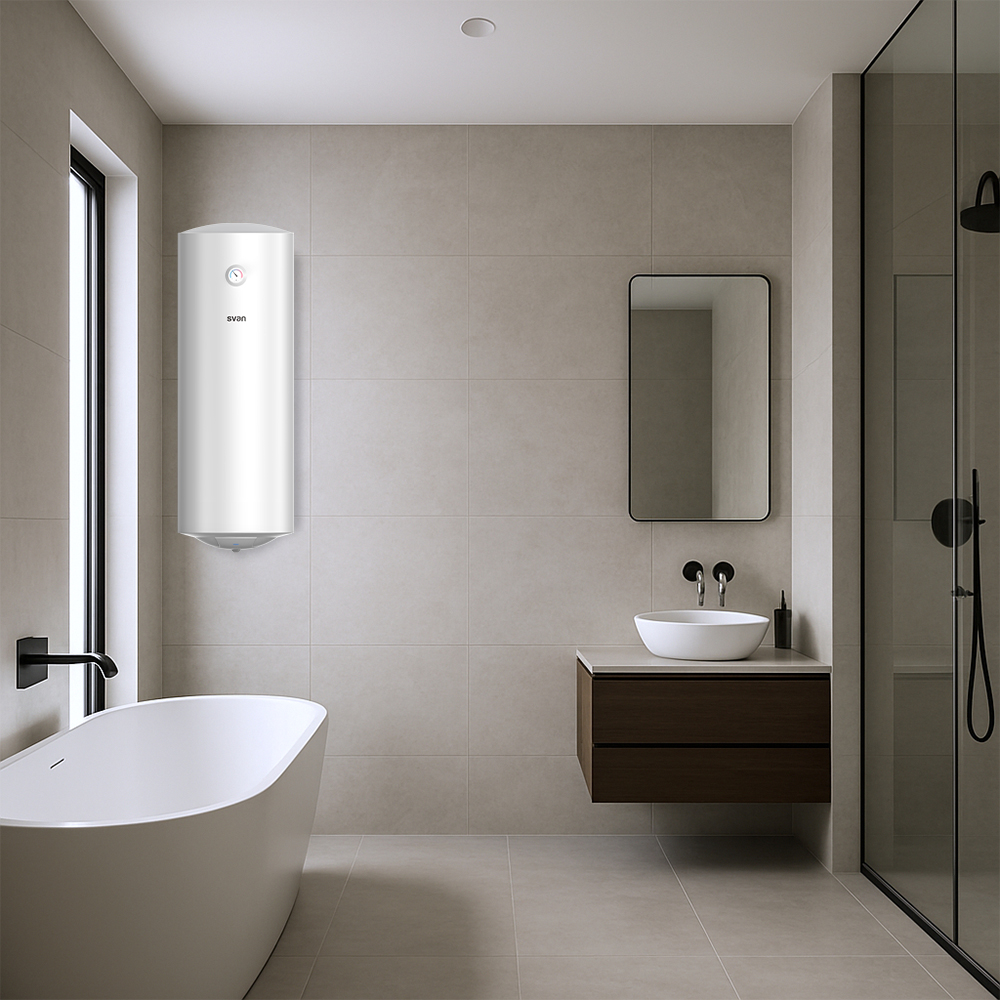 Un baño moderno con un calentador de agua blanco, bañera, lavabo, espejo y ducha. Las paredes están alicatadas en un color neutro.