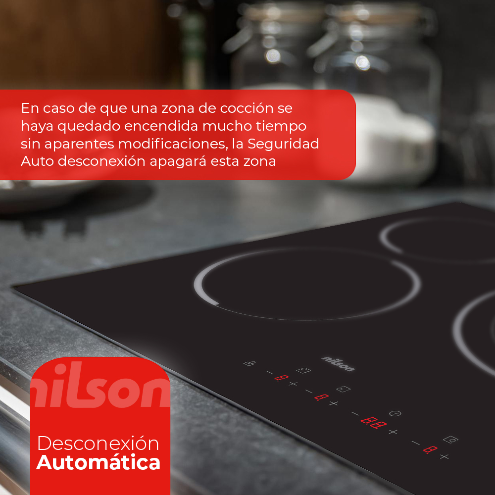 Placa de inducción negra con anillos blancos. Texto rojo: "nilson", "Desconexión Automática". Una caja roja contiene texto.