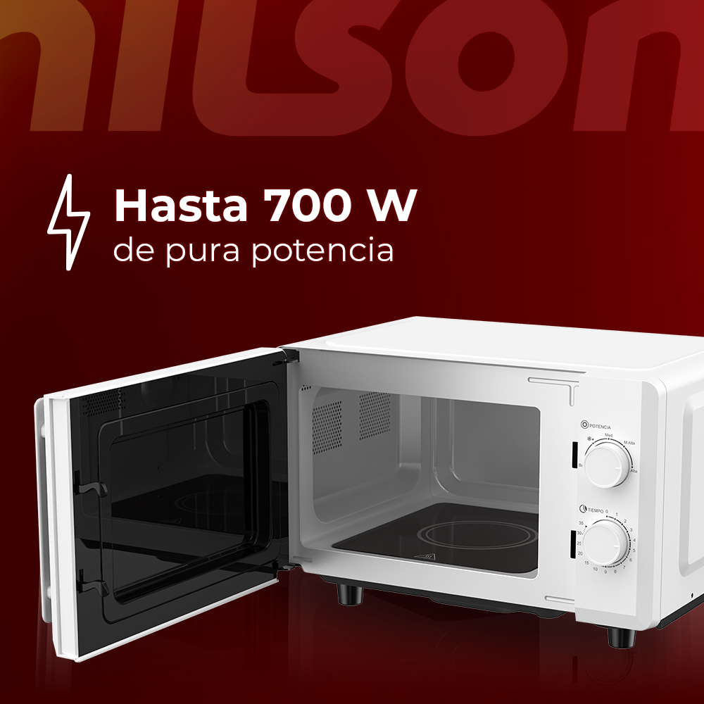 Un horno microondas blanco con la puerta abierta, mostrando el interior. Los controles están en el lado derecho.