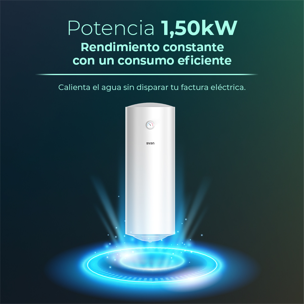 Un calentador de agua blanco con efectos brillantes azules. Texto: 'Potencia 1,50kW' y 'Calienta el agua sin disparar tu factura eléctrica'.