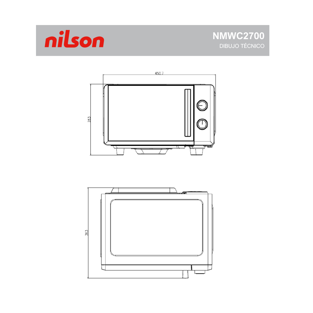 Dibujo técnico de un microondas Nilson, modelo NMWC2700. Muestra vistas superior y frontal. Dimensiones etiquetadas.