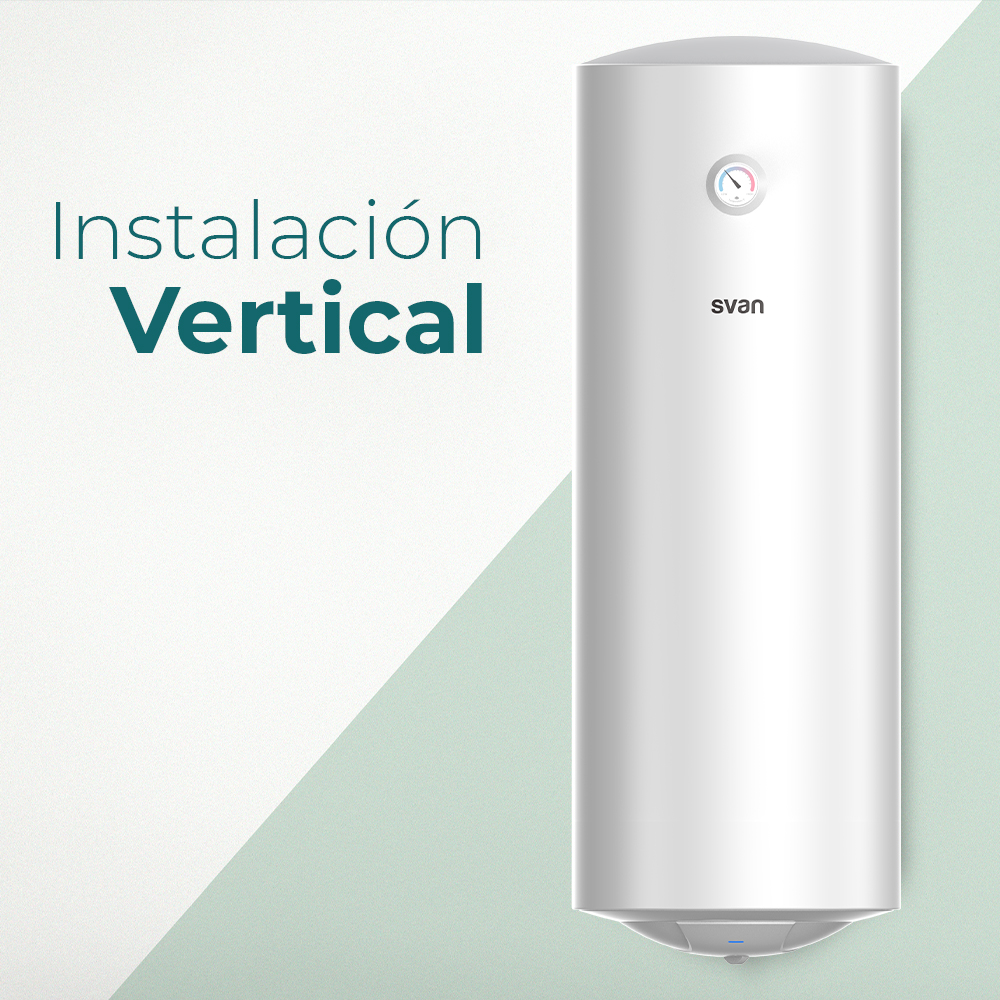Un calentador de agua vertical blanco con la marca 'svan'. El texto 'Instalación Vertical' está a la izquierda. El fondo es claro y verde.