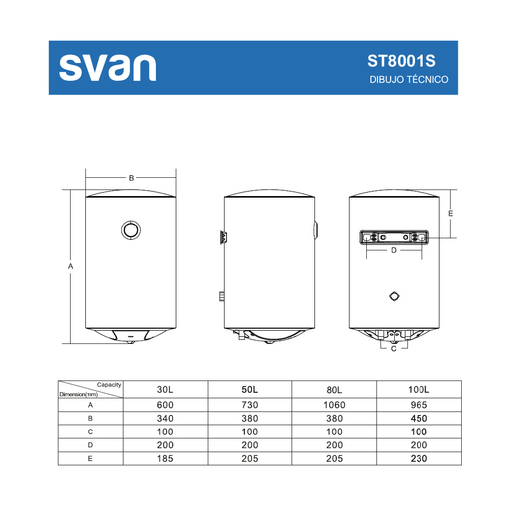 Dibujo técnico de un calentador de agua Svan con dimensiones. Muestra vistas frontal, lateral y superior, junto con una tabla.