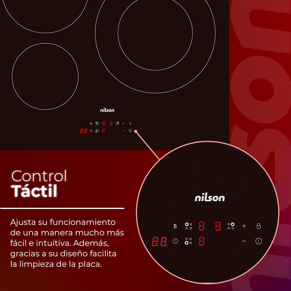 Una placa de inducción negra con círculos blancos. Muestra un panel de control con números y símbolos, y una vista ampliada.