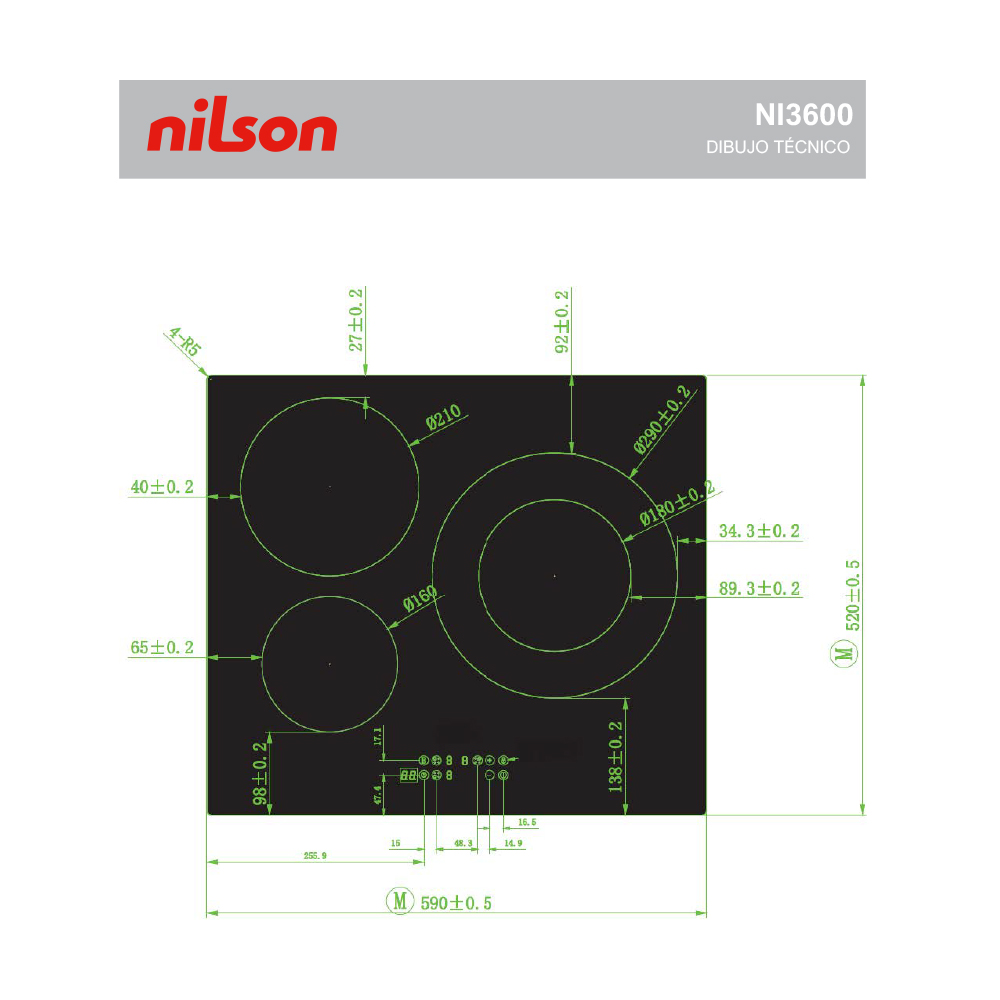 Un esquema de una placa de cocina negra con quemadores circulares y dimensiones en milímetros. La marca 'nilson' es visible.