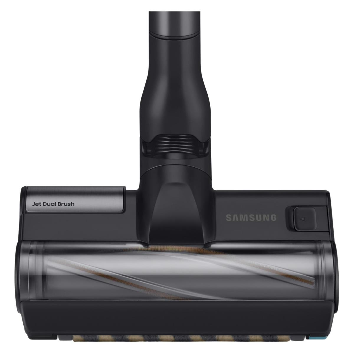 Zbliżenie czarnej głowicy odkurzacza Samsung Jet Dual Brush. Posiada przezroczystą szczotkę rolkową i logo 'SAMSUNG'.