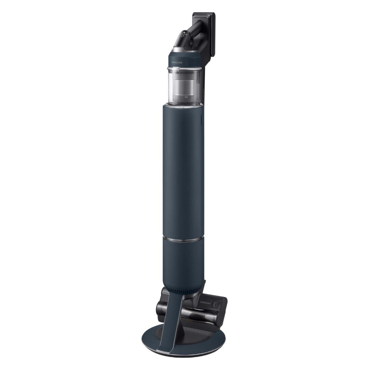 Ciemnoniebieski odkurzacz bezprzewodowy zamontowany na uchwycie ściennym i stacji ładującej. To elegancki, nowoczesny design.