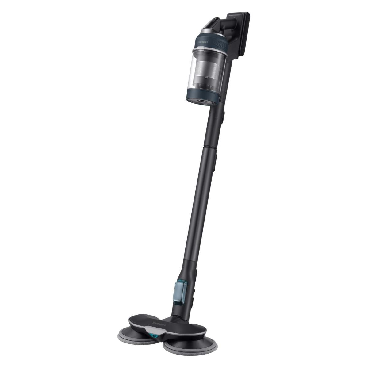 Bezprzewodowy odkurzacz Samsung. Jest czarny i granatowy, z cylindrycznym pojemnikiem na kurz i dwiema okrągłymi głowicami czyszczącymi.