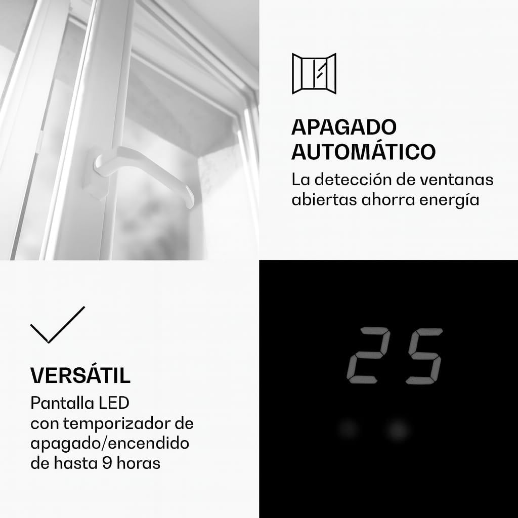 Imagen con texto y pantalla digital. El texto incluye 'APAGADO AUTOMÁTICO', 'VERSÁTIL' y '25'. Se ve una manija de ventana.