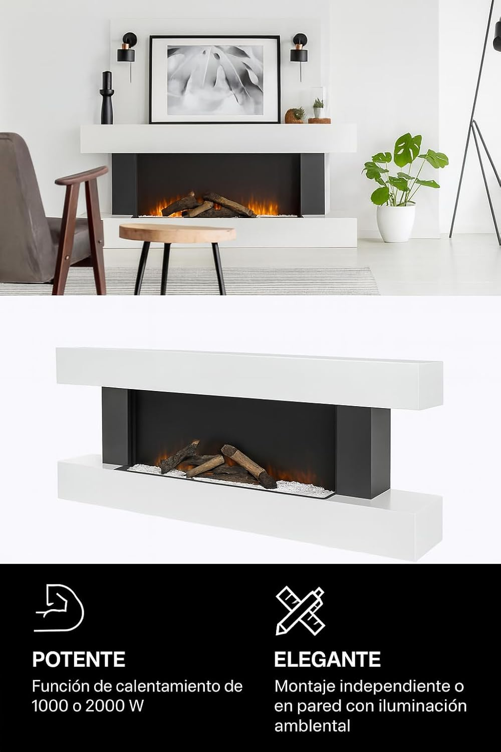 Una chimenea moderna con marco negro y borde blanco. Hay troncos dentro. Se ve una planta y una silla.