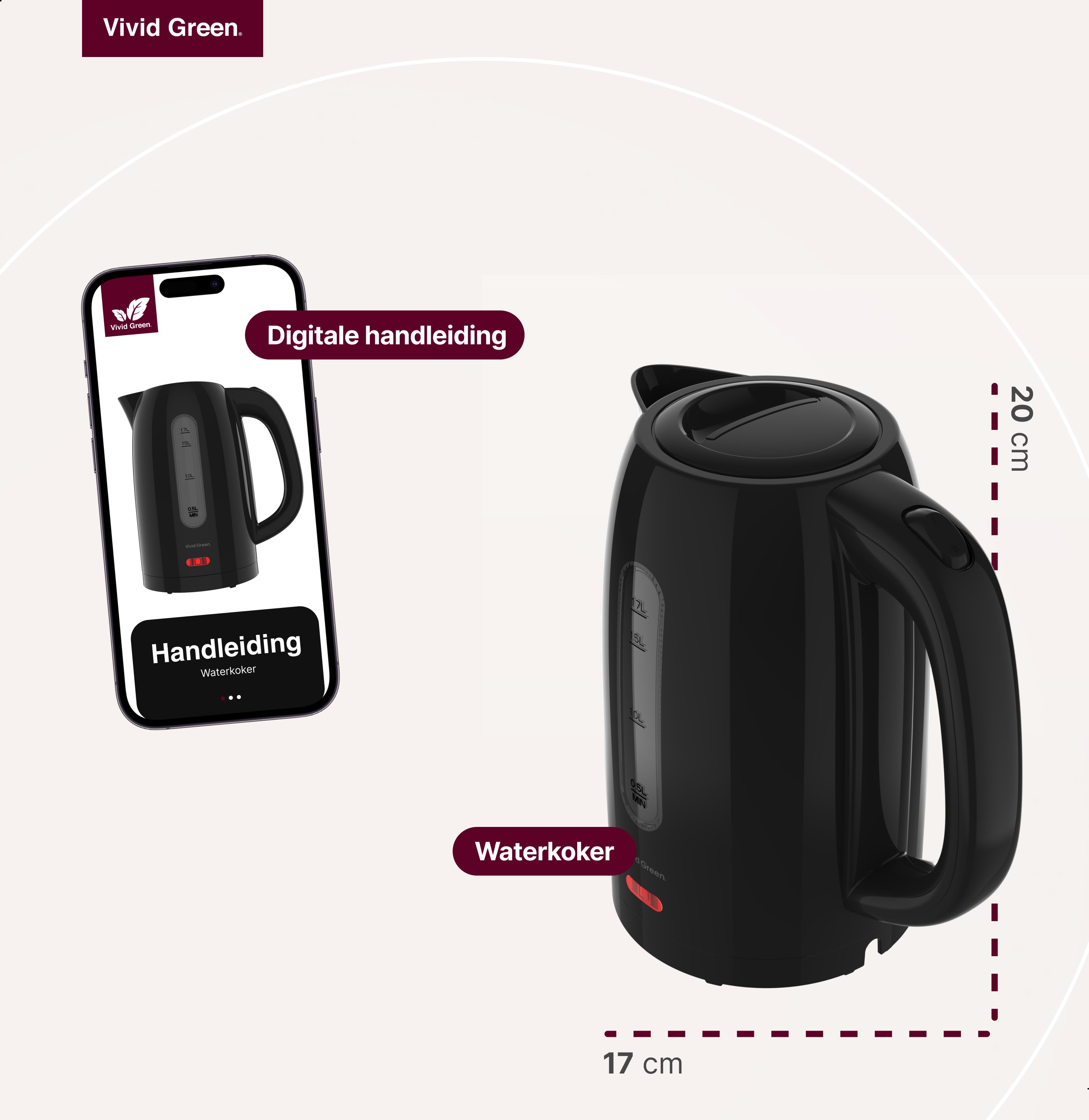 Een zwarte waterkoker met handvat, een telefoon met een waterkoker en Nederlandse tekstlabels. Afmetingen worden getoond.