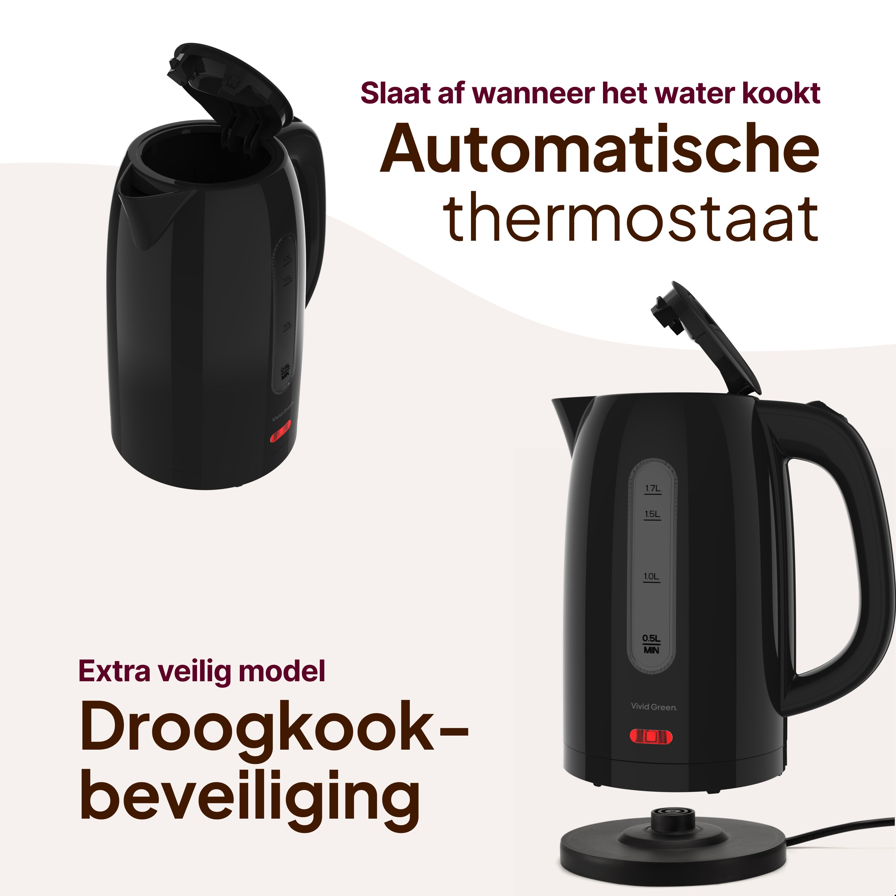 Zwarte elektrische waterkoker met open deksel. Tekst: Automatische thermostaat. Extra veilig model met droogkookbeveiliging.