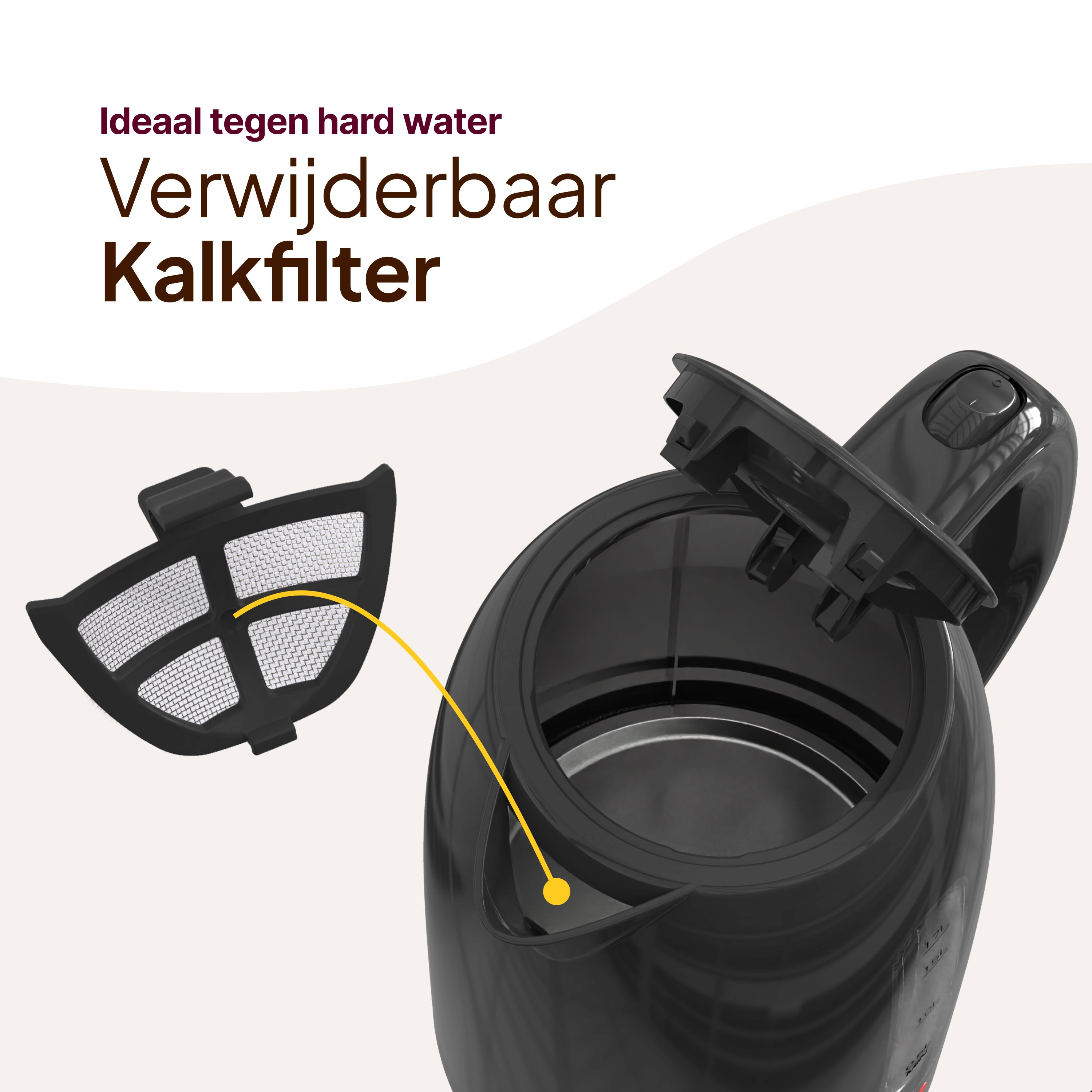 Zwarte waterkoker met open deksel en uitneembaar filter, gele lijn wijst naar het filter.