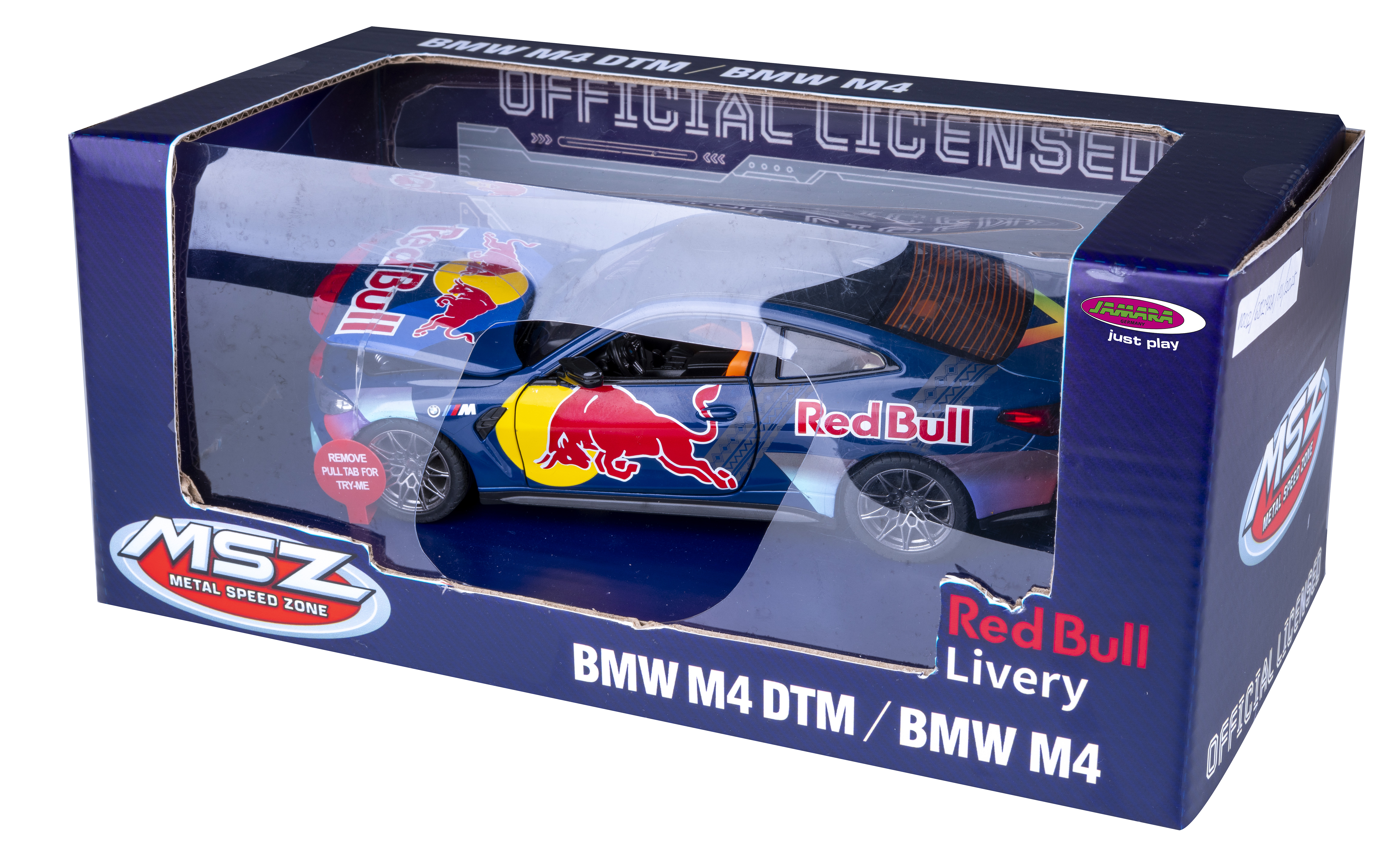 Ein Spielzeugauto von Red Bull BMW M4 befindet sich in einer Schachtel. Die Schachtel ist blau mit weißem Text und Logos.