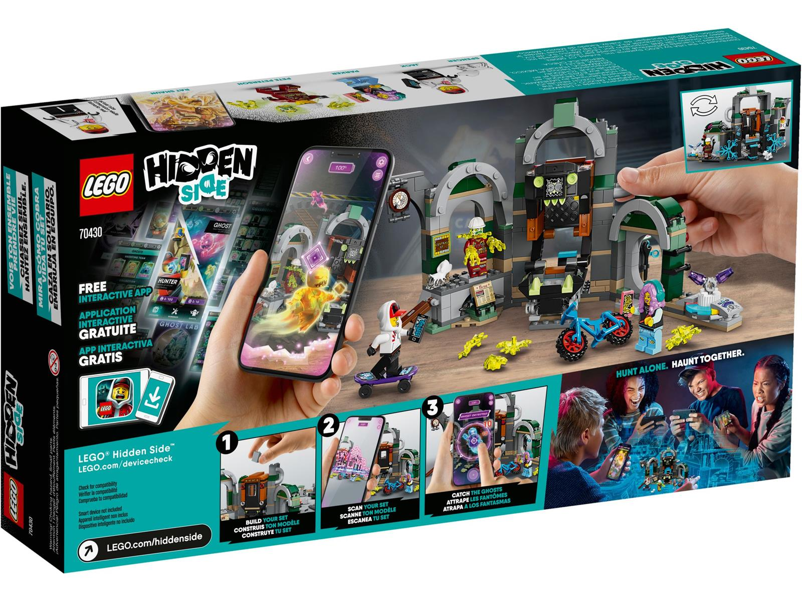Lego Hidden Side-Box. Zeigt ein Set mit Figuren, Geistern und einem Telefon, das eine interaktive App anzeigt. Leute spielen das Spiel.