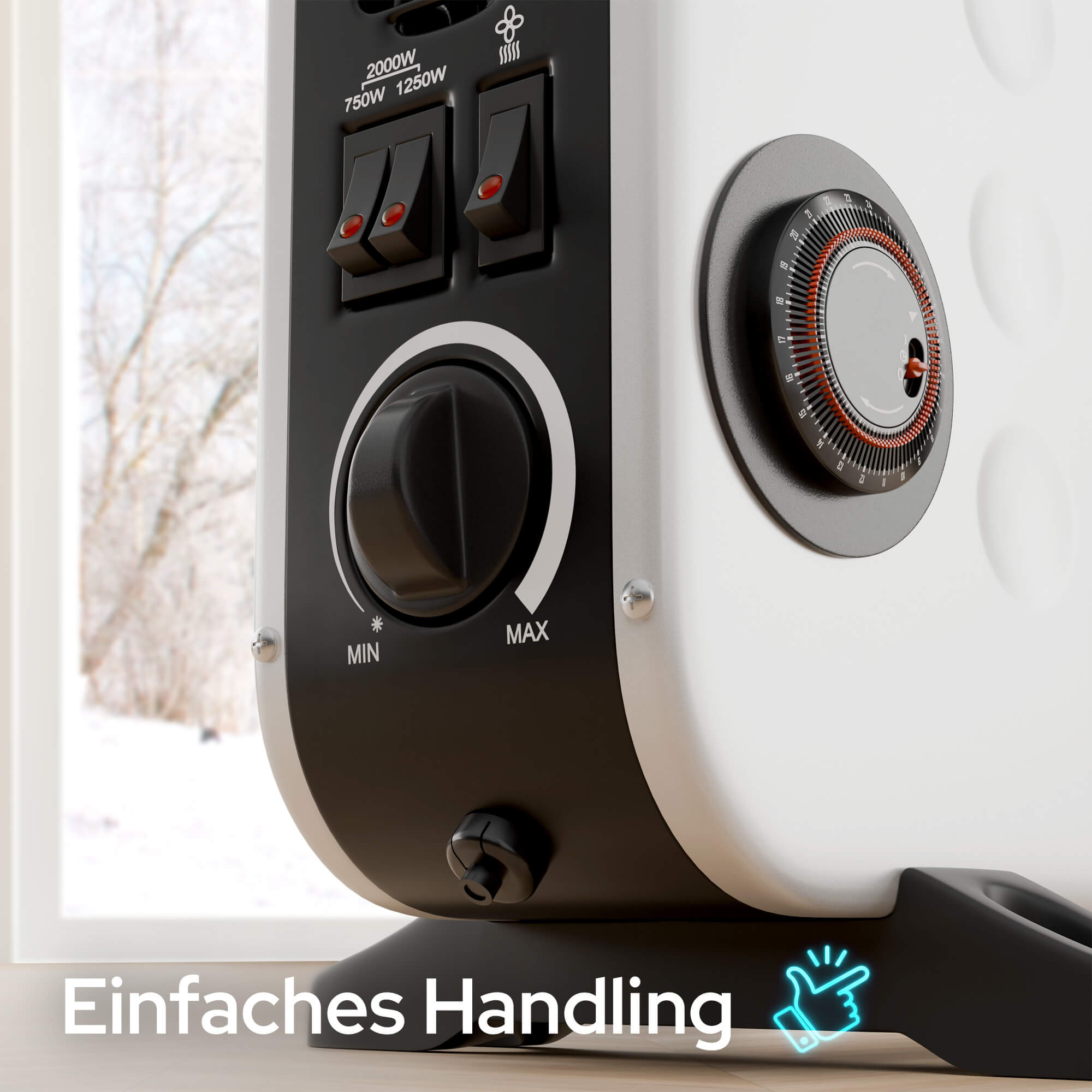 Nahaufnahme eines weiß-schwarzen Heizgeräts mit Schaltern, einem Drehknopf und einem Fenster im Hintergrund.