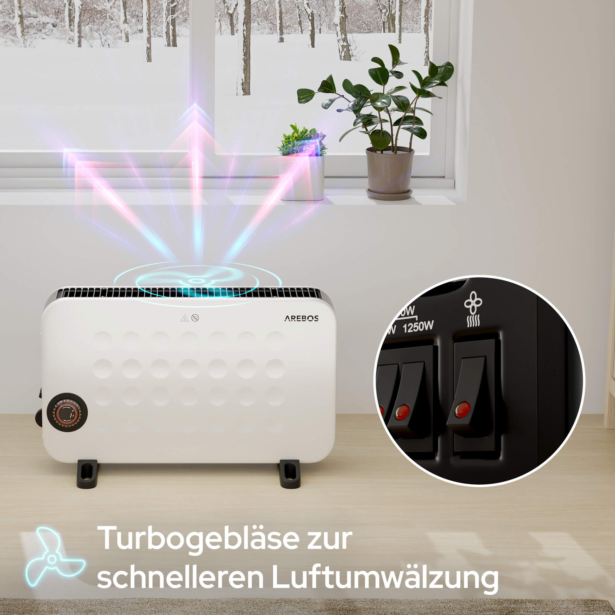 Weißer Elektroheizer mit Lüftergrafik. Zwei Pflanzen stehen auf einer Fensterbank mit Blick auf einen verschneiten Wald.