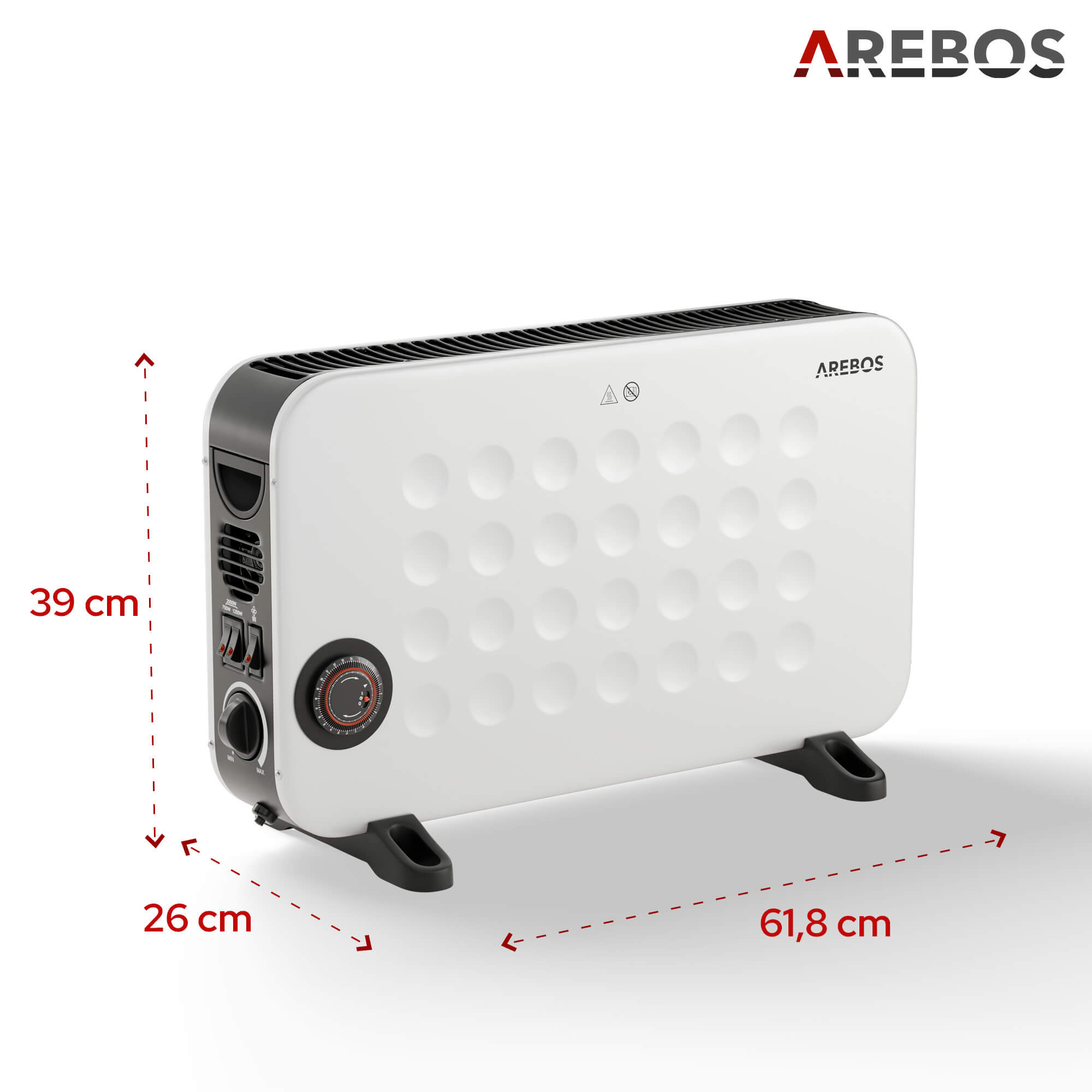 Ein weißer AREBOS-Elektroheizer mit schwarzen Akzenten, Abmessungen beschriftet. Merkmale Drehknöpfe, Schalter und eine gepunktete Frontplatte.