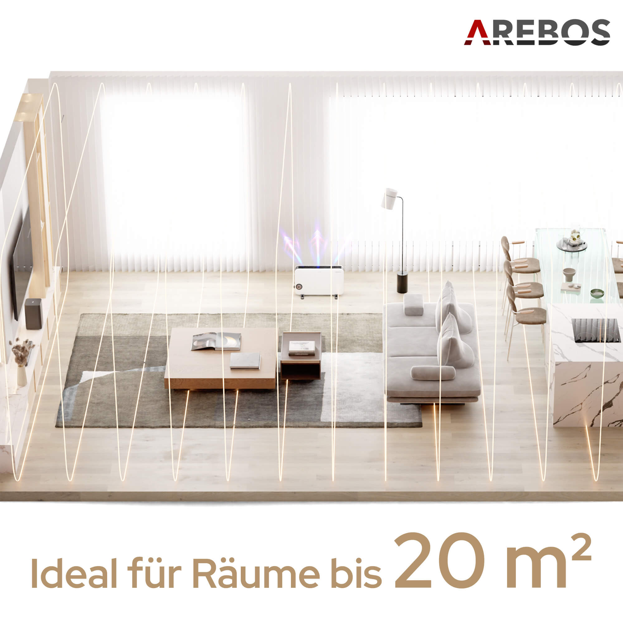 Illustration eines modernen Wohnraums. Enthält ein Heizgerät, das Wärmewellen aussendet. Enthält eine Küche und ein Wohnzimmer.
