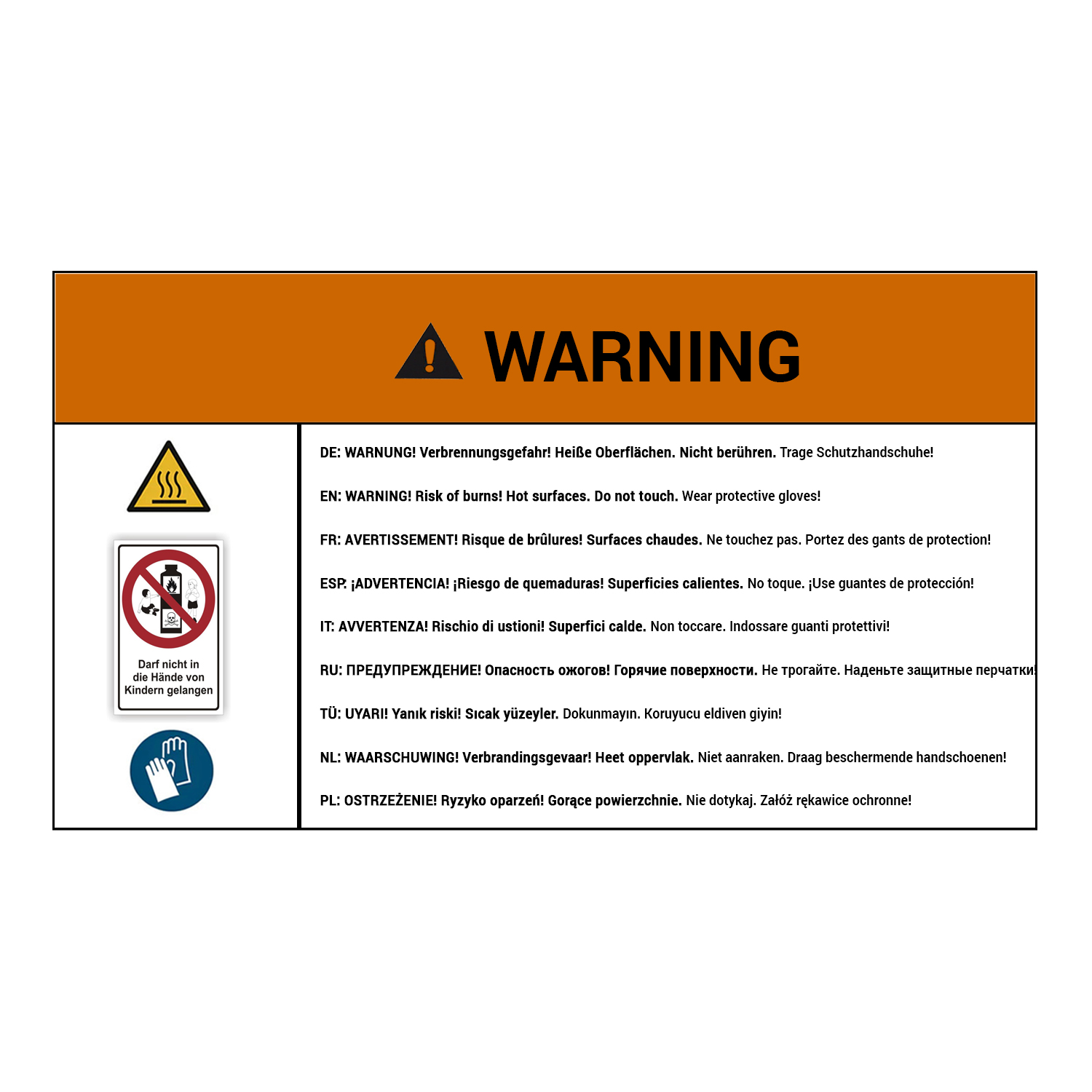 Warnschild mit Symbolen für Verbrennungsgefahr. Text in mehreren Sprachen warnt vor heißen Oberflächen und Schutzmaßnahmen.