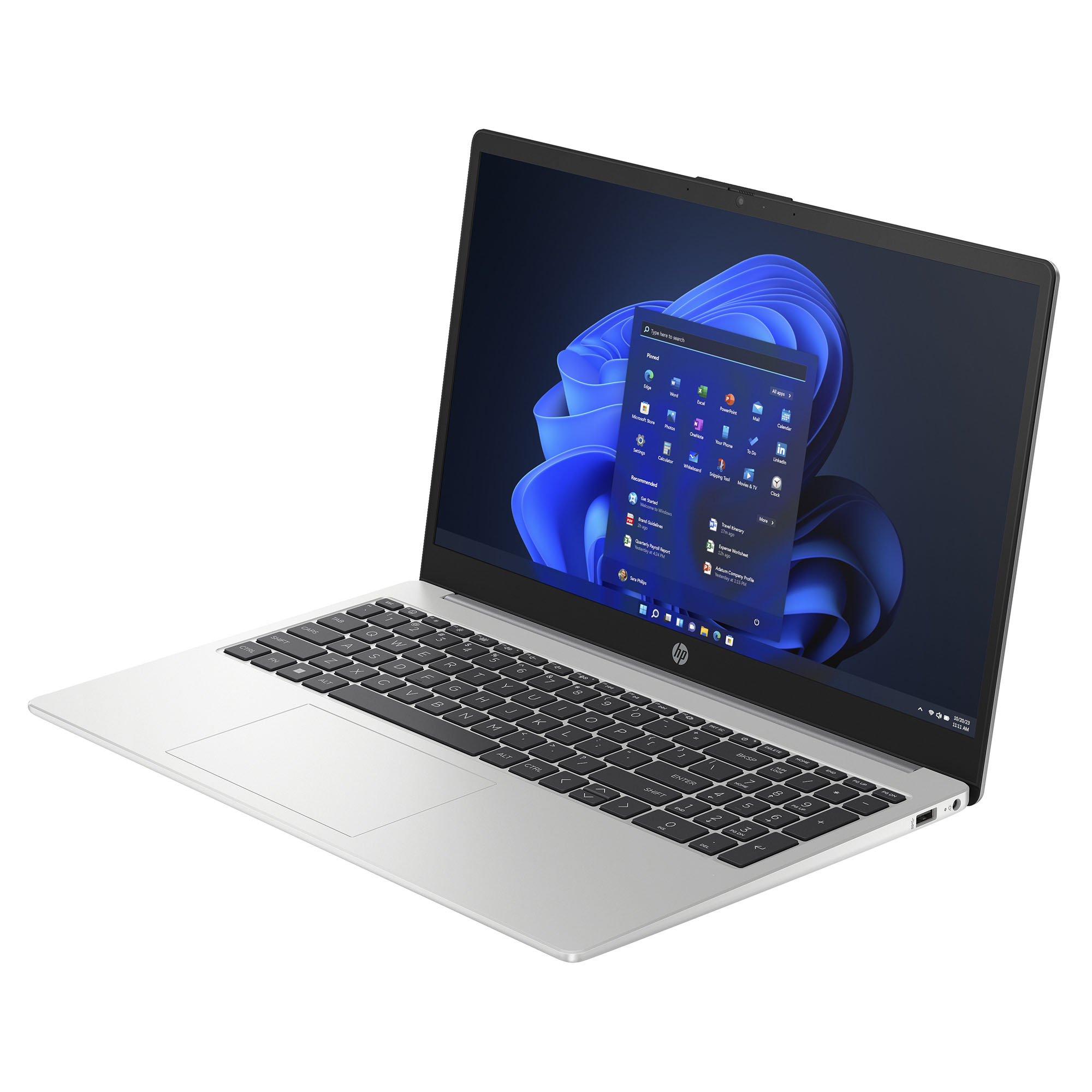 Gümüş renkli bir HP dizüstü bilgisayar açık. Ekran Windows 11 arayüzünü gösteriyor. Klavye siyah.