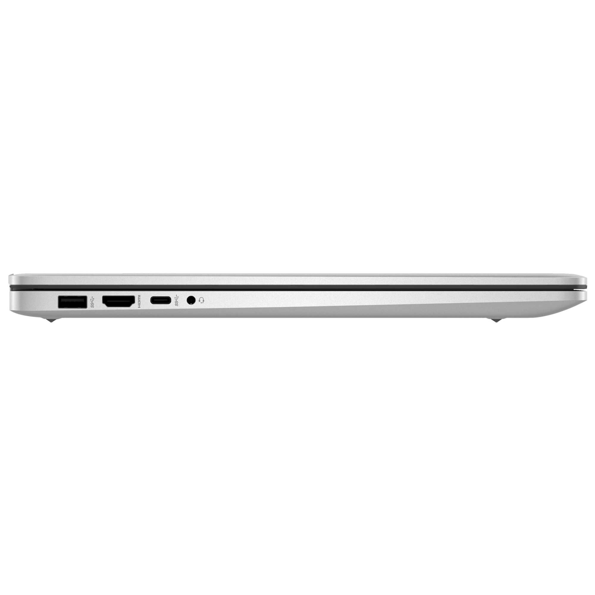 Gümüş bir dizüstü bilgisayarın yan görünümü. Görünür bağlantı noktaları: USB, HDMI, USB-C, ses jakı. Dizüstü kapalı.