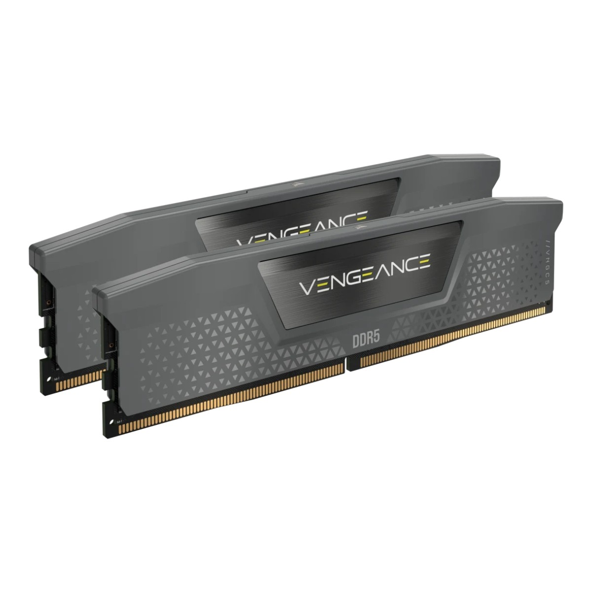 Zwei graue DDR5 Vengeance RAM-Riegel. Jeder hat das Wort Vengeance und DDR5 aufgedruckt. Der Hintergrund ist weiß.
