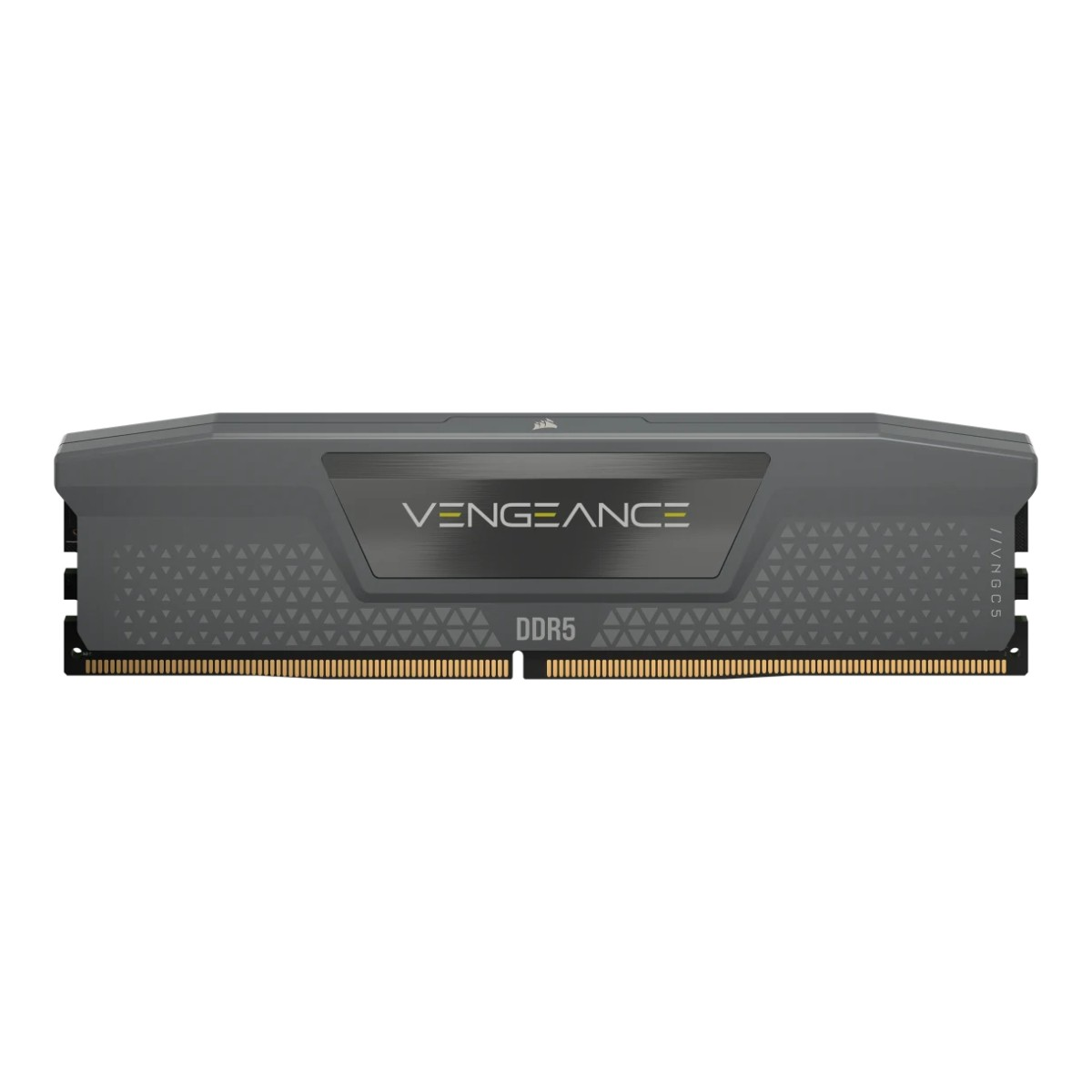 Ein grauer DDR5 Vengeance RAM-Riegel. Es hat den Markennamen und die DDR5-Kennzeichnung. Der Hintergrund ist weiß.