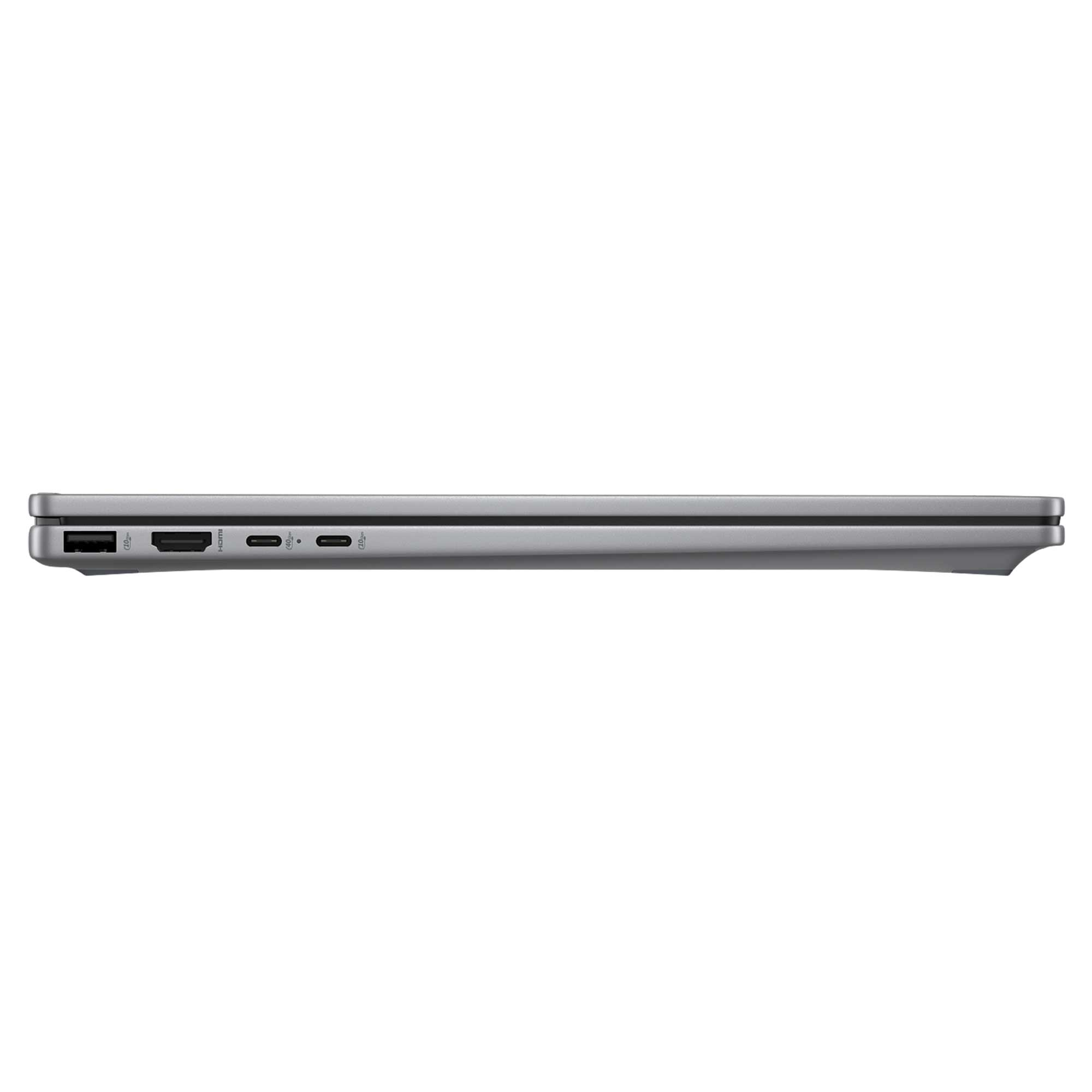 Gümüş dizüstü bilgisayarın yan görünümü. USB, HDMI ve USB-C bağlantı noktaları. Beyaz arka plan.