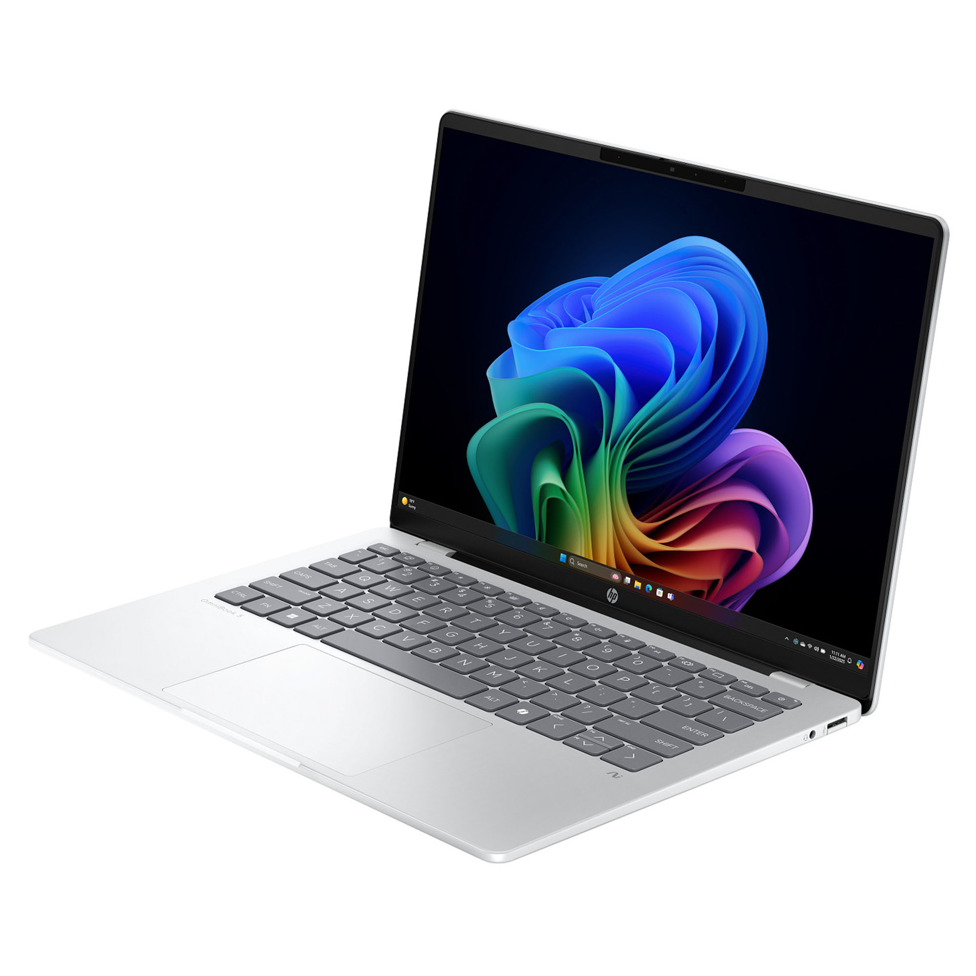 Gümüş renkli bir HP dizüstü bilgisayar açık. Ekran renkli, soyut bir görüntü gösteriyor. Klavye ve dokunmatik yüzey görünür.