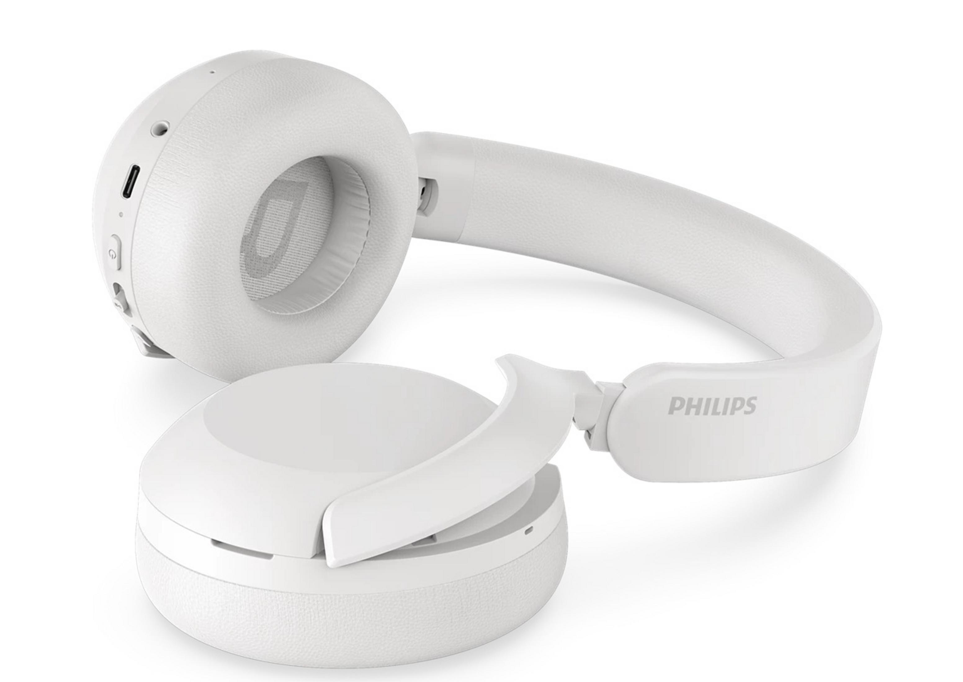 Casque Philips blanc sur fond blanc. Le casque est partiellement plié.