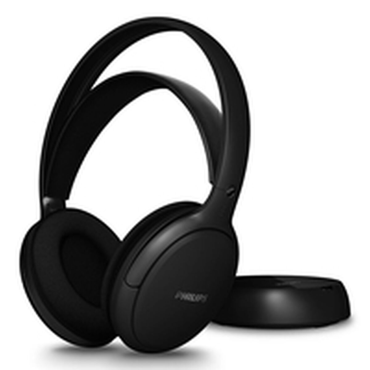 Cuffie Philips nere con base di ricarica su sfondo bianco. Le cuffie sono sovraurali e hanno un archetto curvo.