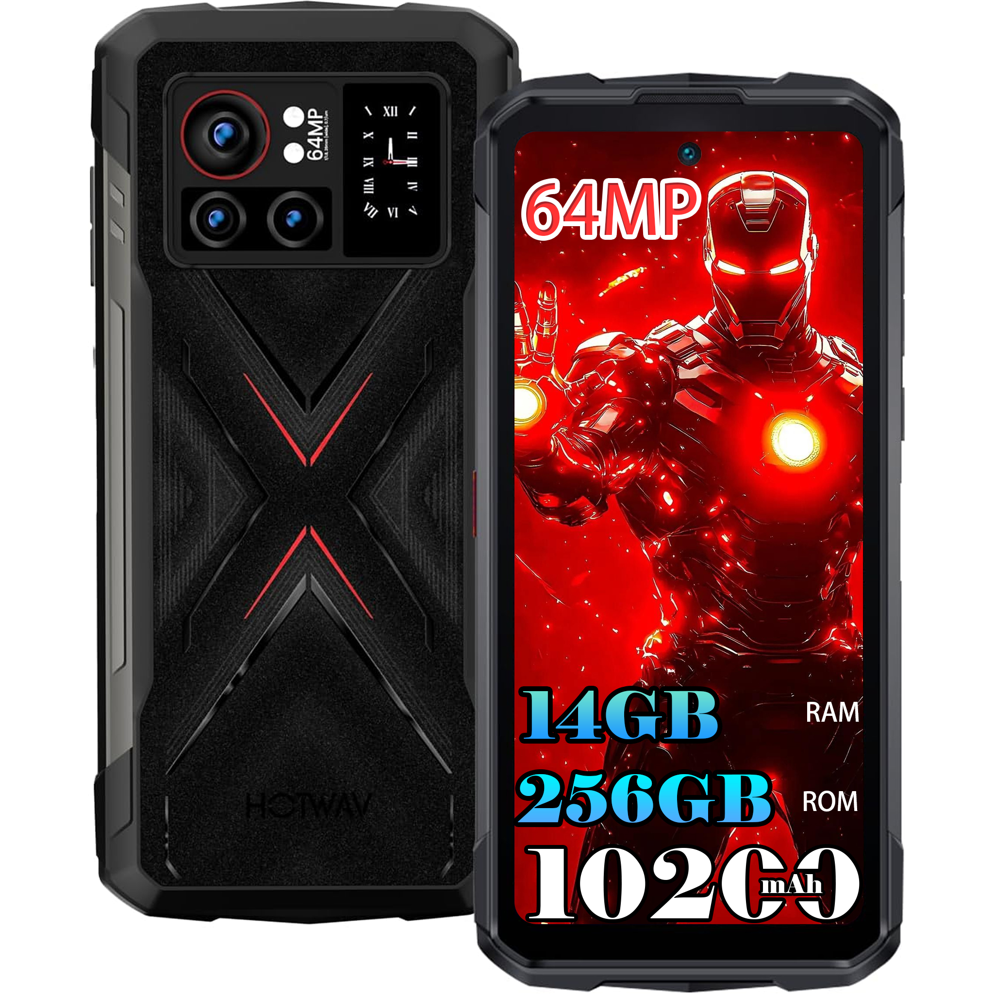 Telefono robusto con Iron Man sullo schermo. Il telefono ha un case nero, fotocamera 64MP, 14GB RAM, 256GB ROM e 10200 mAh.