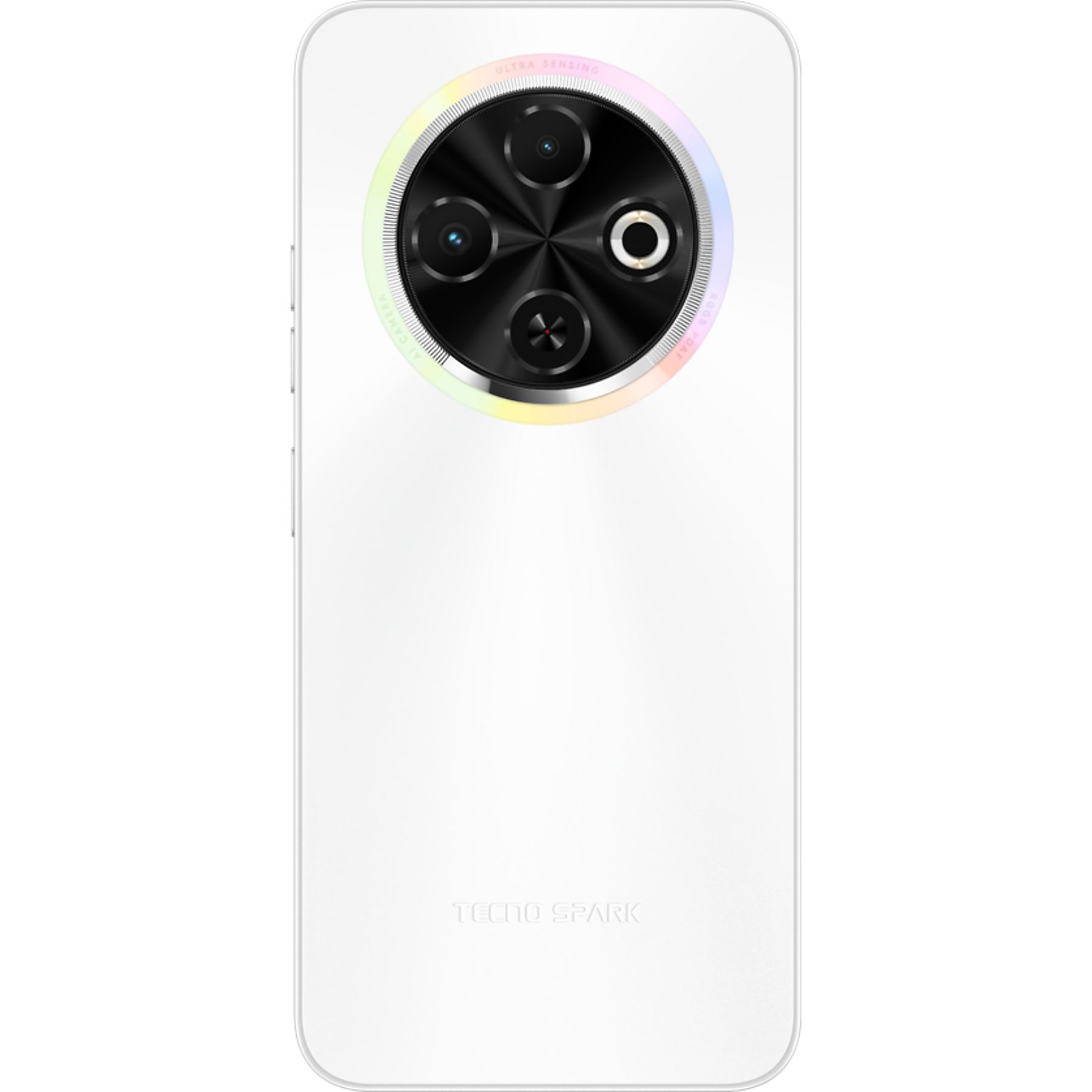 Retro del smartphone bianco con più lenti e un anello arcobaleno. Il marchio 'TECNO SPARK' è visibile.
