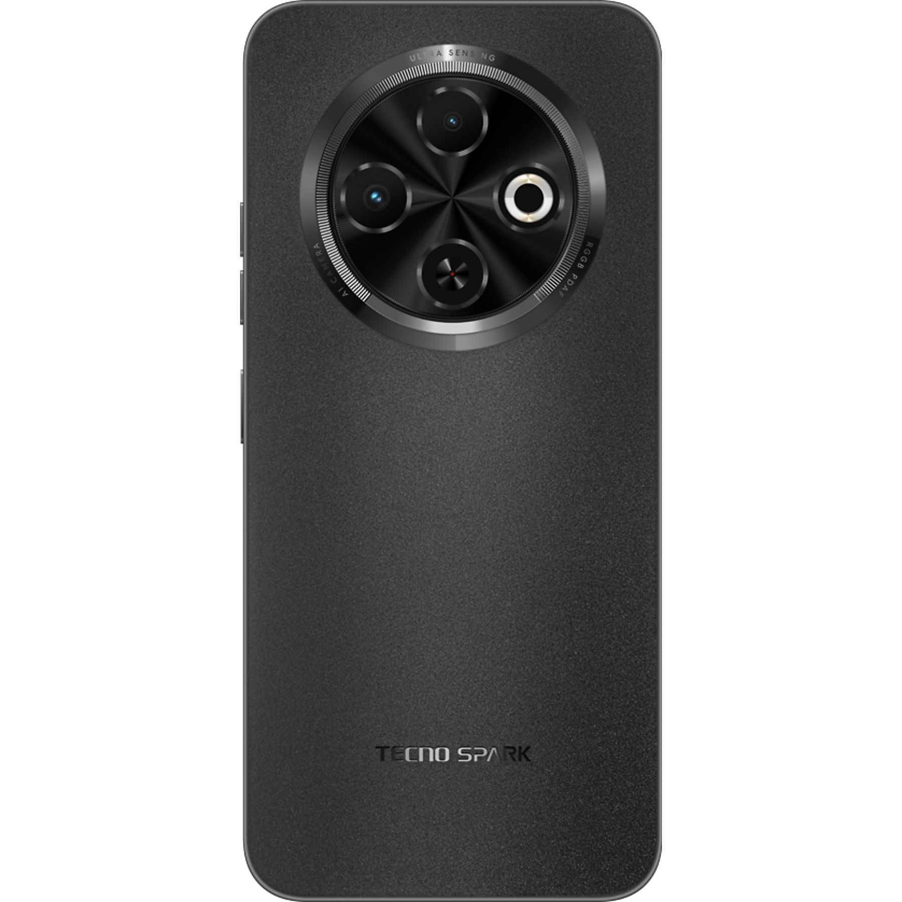 Kamera modülü olan siyah akıllı telefon arkası. Dört lensi ve bir flaşı var. 'TECNO SPARK' marka adı görülebilir.