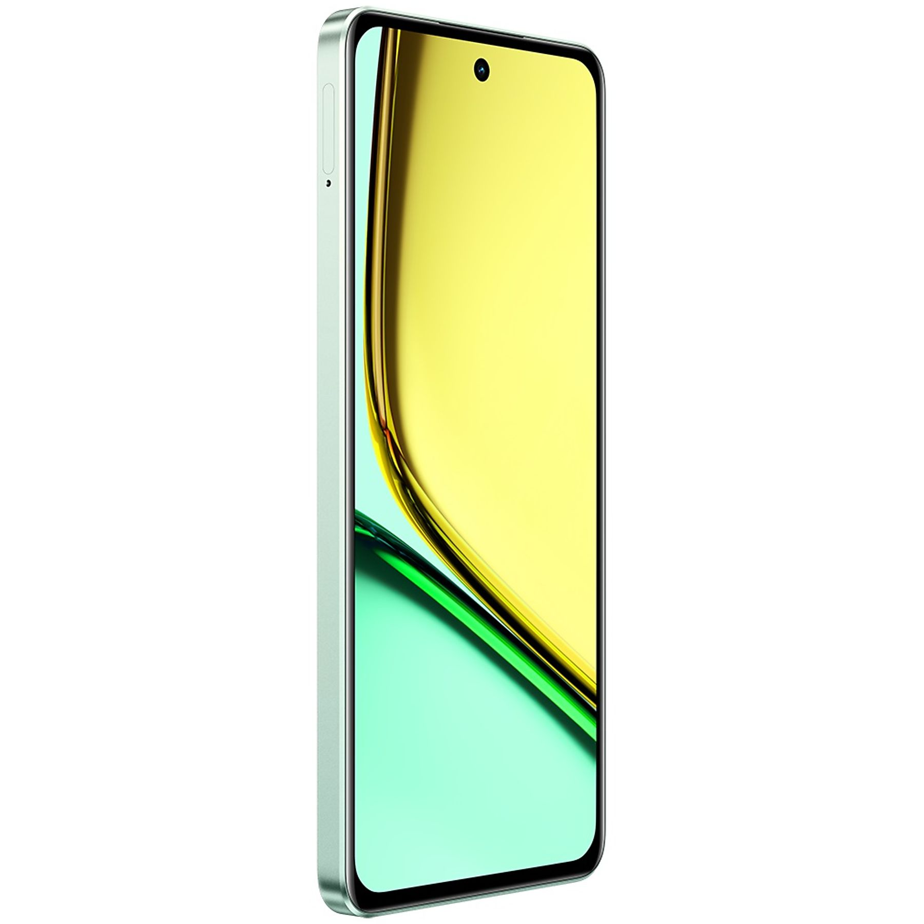 Nane yeşili bir akıllı telefon, sarı ve yeşil geçişler gösteren ekran, yan düğmeler görünür. Beyaz arka plan.