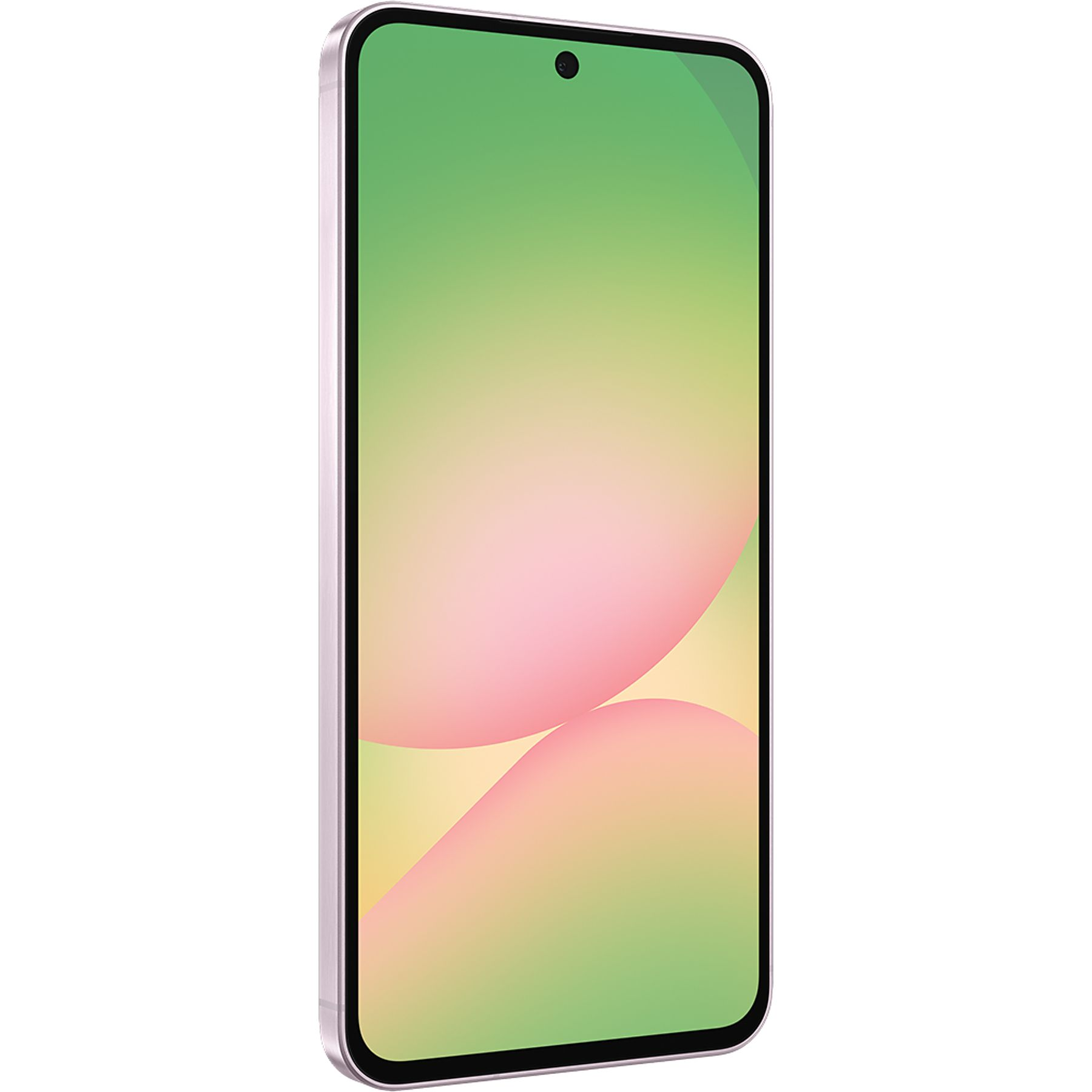 Açık mor çerçeveli bir akıllı telefon. Ekran yeşil, sarı ve pembe renklerden oluşuyor. Siyah bir kamera noktası görünüyor.