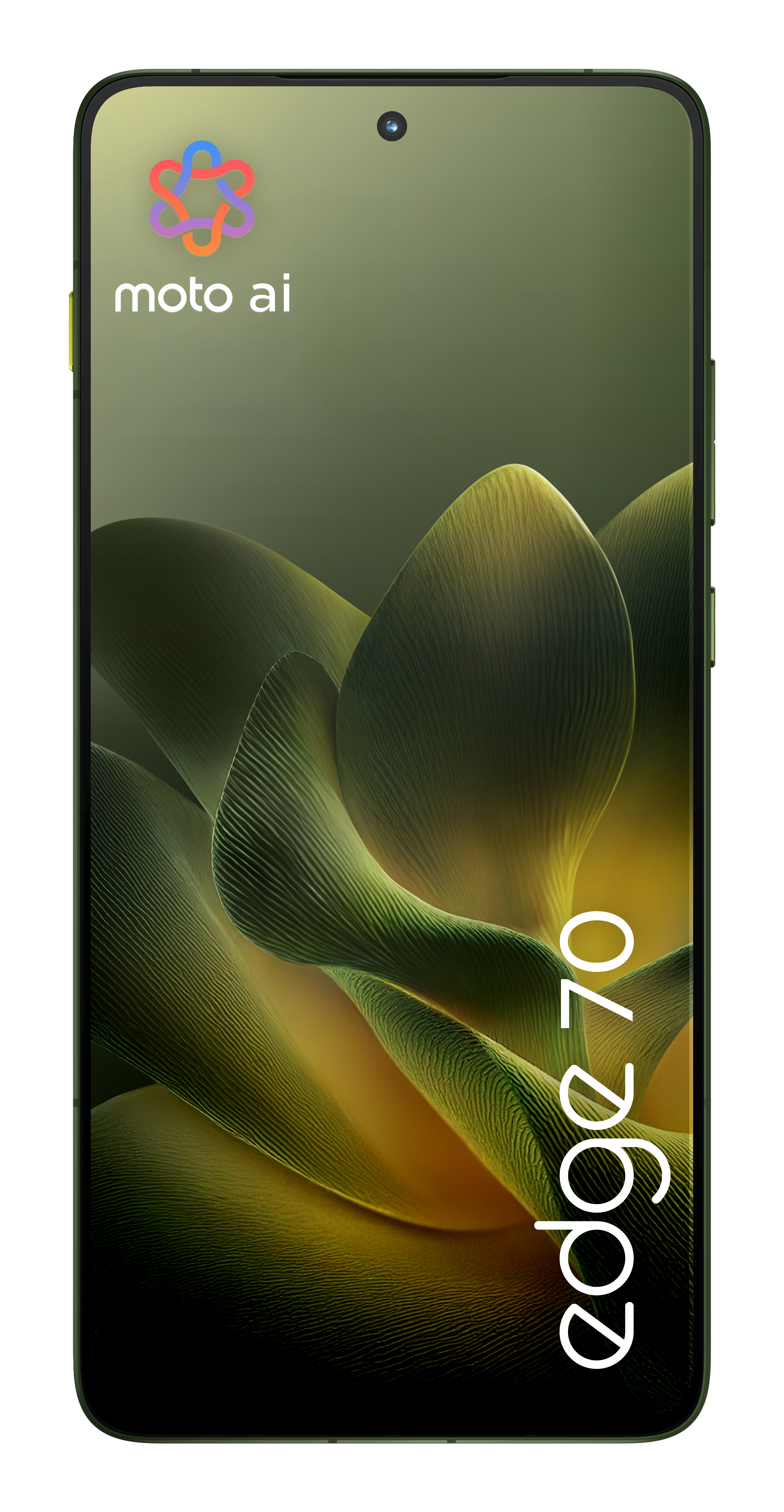 Zielony smartfon z logo 'moto ai' i tekstem 'edge 70' na ekranie, pokazujący zielony abstrakcyjny wzór.
