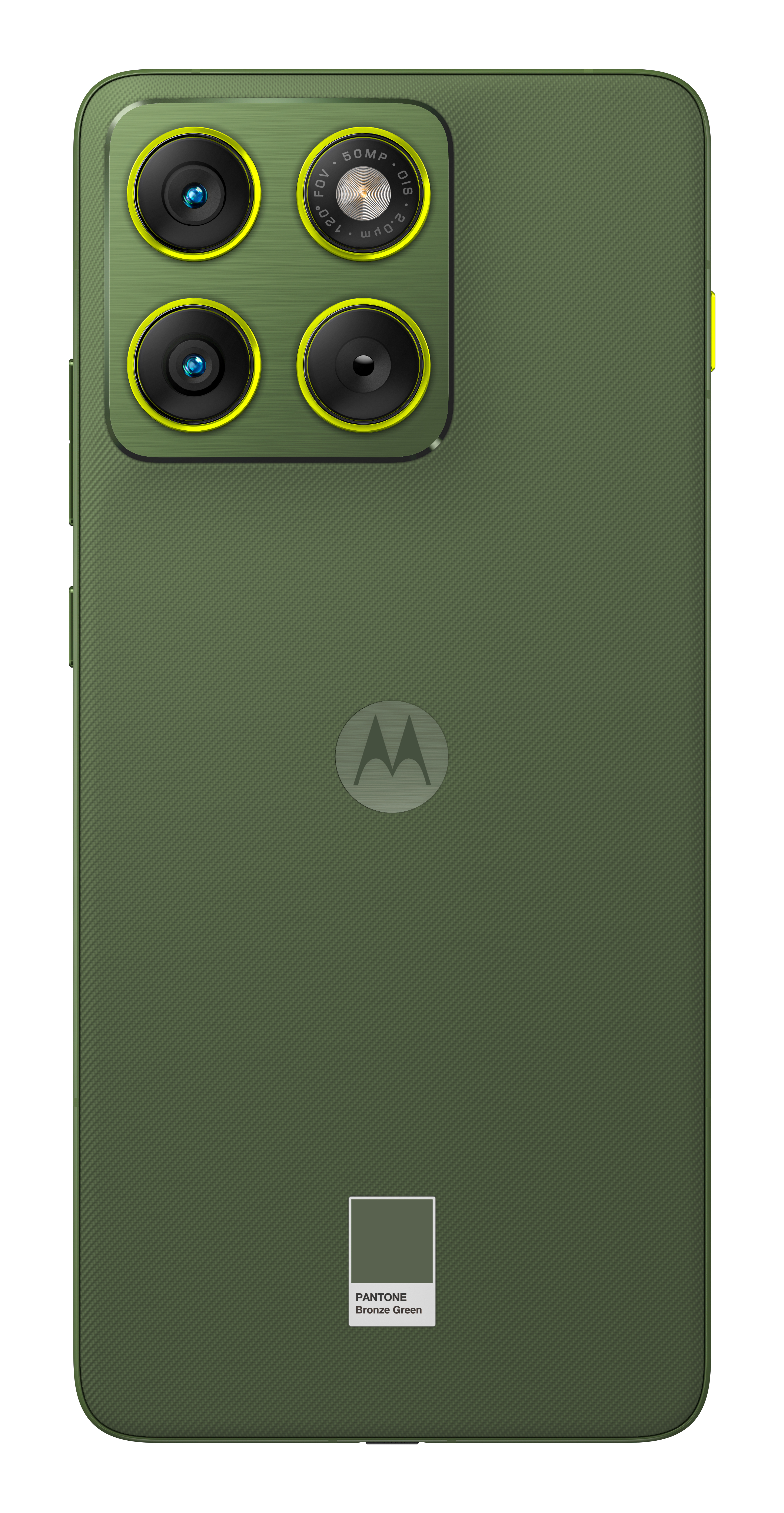 Zielony tył smartfona z zestawem aparatów. Posiada teksturowane wykończenie, logo Motorola i próbnik koloru Pantone Bronze Green.
