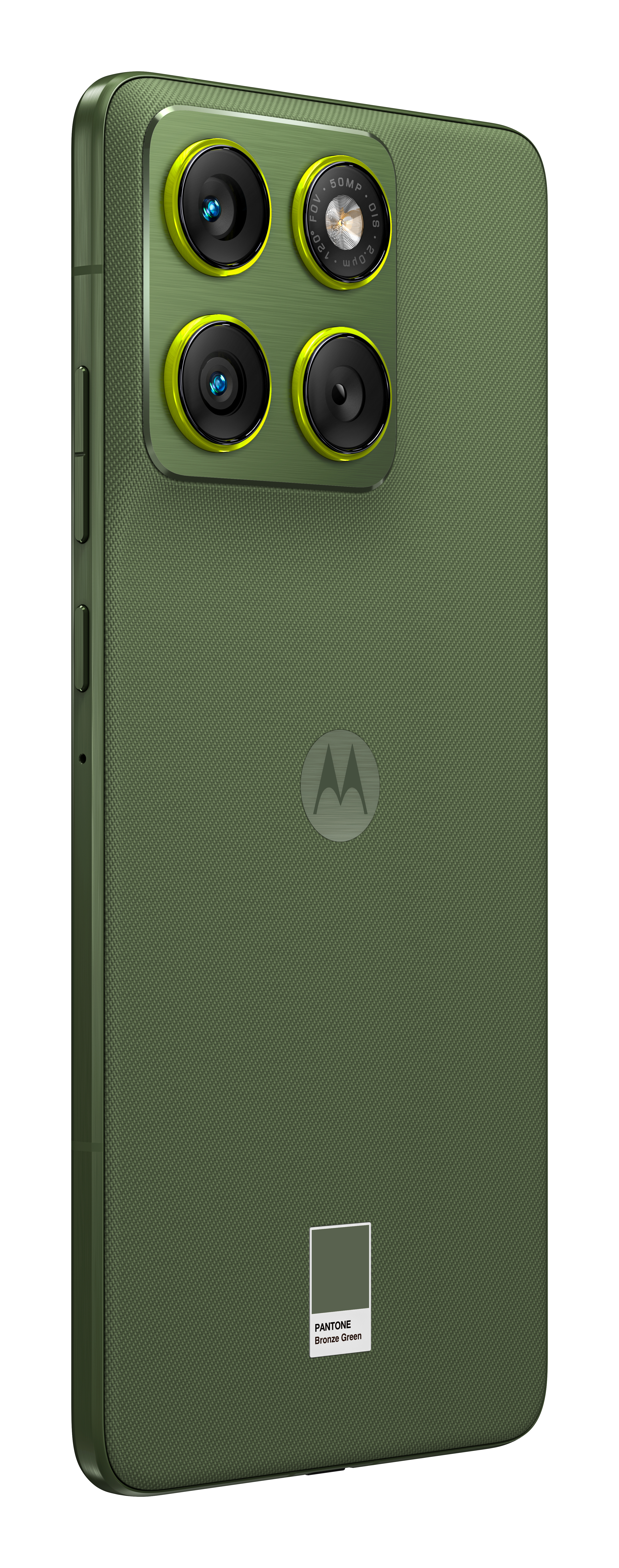 Zielony tył smartfona z czterema aparatami. Telefon ma logo Motorola i próbnik koloru Pantone Bronze Green.